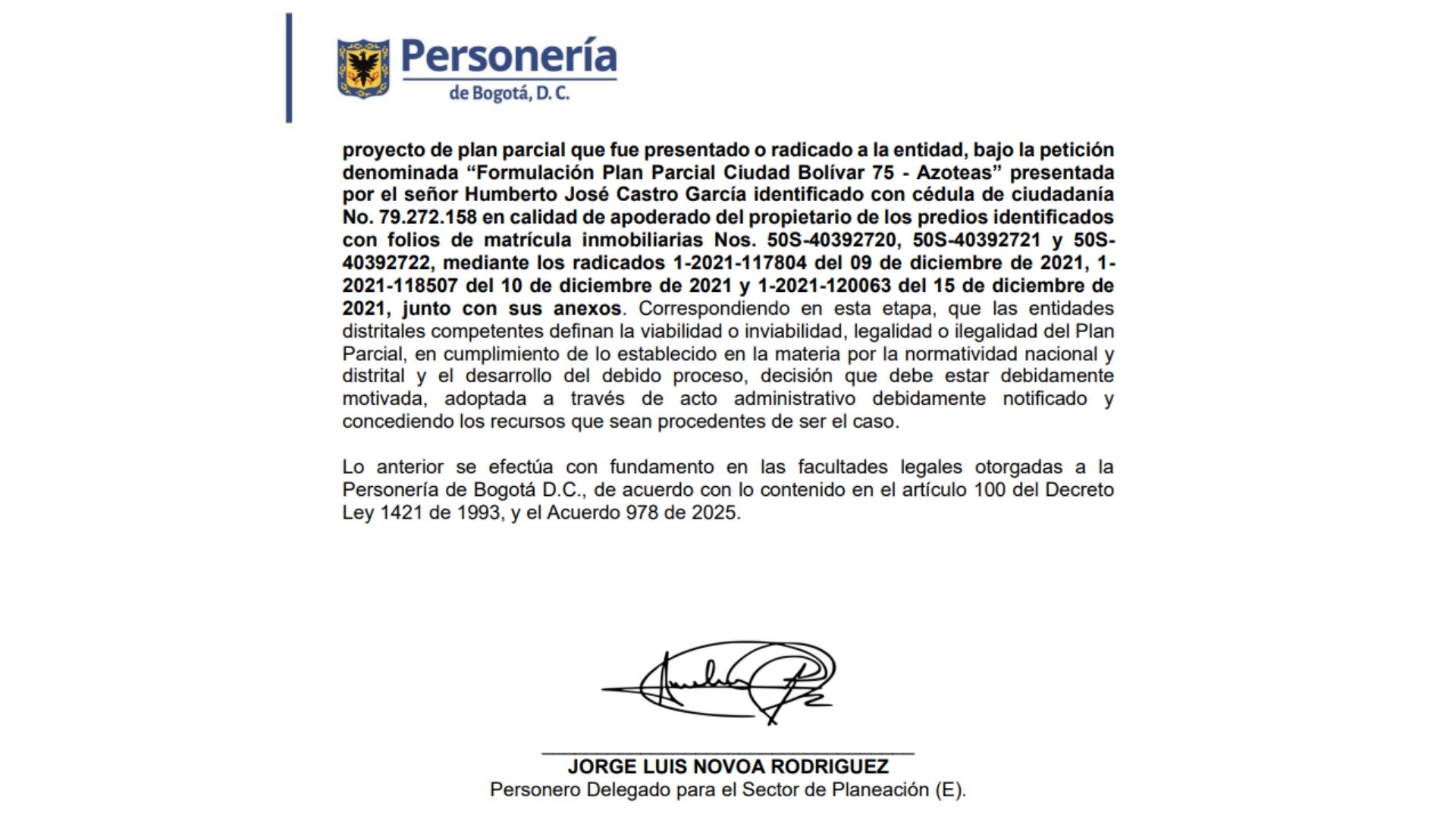 Informe de advertencia sobre el silencio administrativo positivo del plan parcial '75 - Azoteas', de la Personería de Bogotá