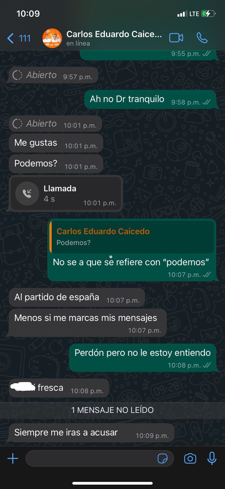 También estamos publicando chats de otra víctima. Esta es una mujer más que decidió entregar sus conversaciones mientras trabajaba con Caicedo.