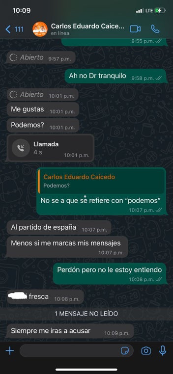 También estamos publicando chats de otra víctima. Esta es una mujer más que decidió entregar sus conversaciones mientras trabajaba con Caicedo.