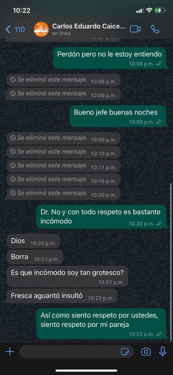 . Allí se evidencian mensajes sugestivos hacia asuntos sexuales no laborales, a los que ella contestaba que no y que le incomodaba de manera permanente haciéndoselo saber a Caicedo.