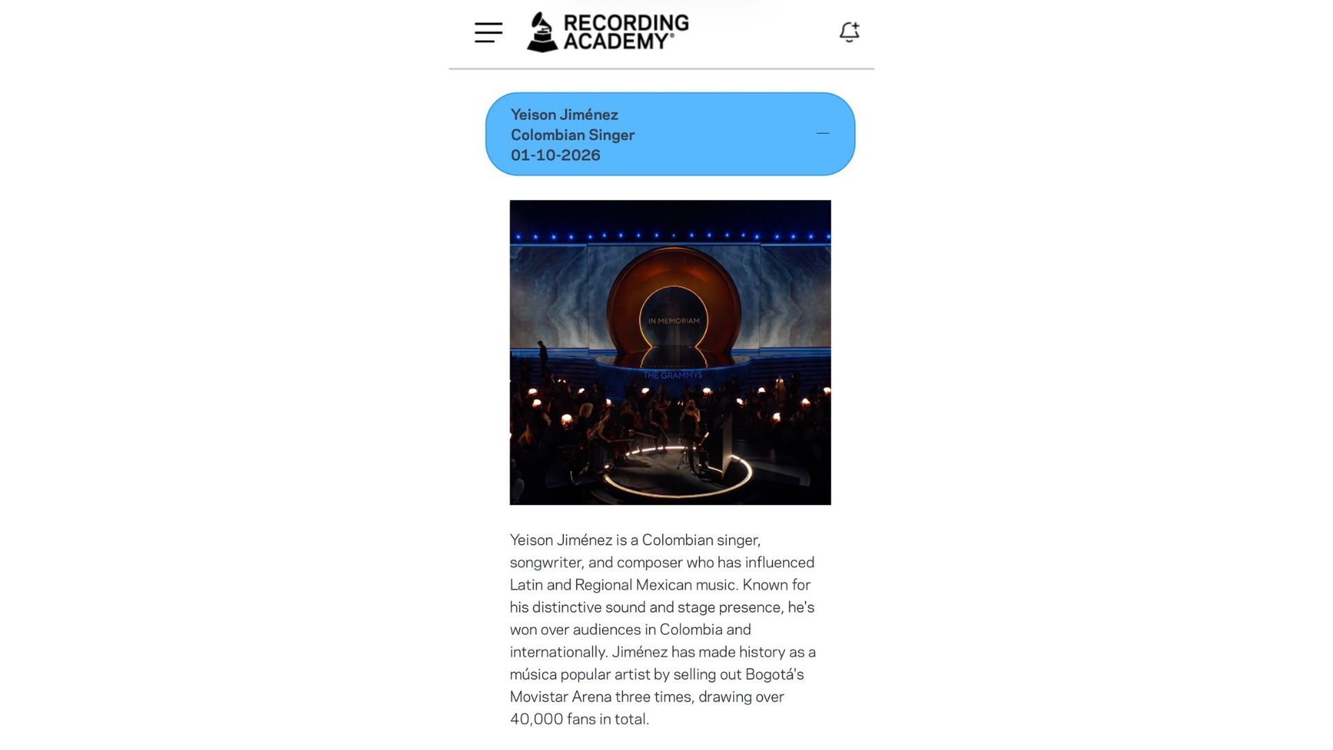 Los Grammy 2026 incluyeron un reconocimiento oficial a Yeison Jiménez en los contenidos institucionales de la gala.