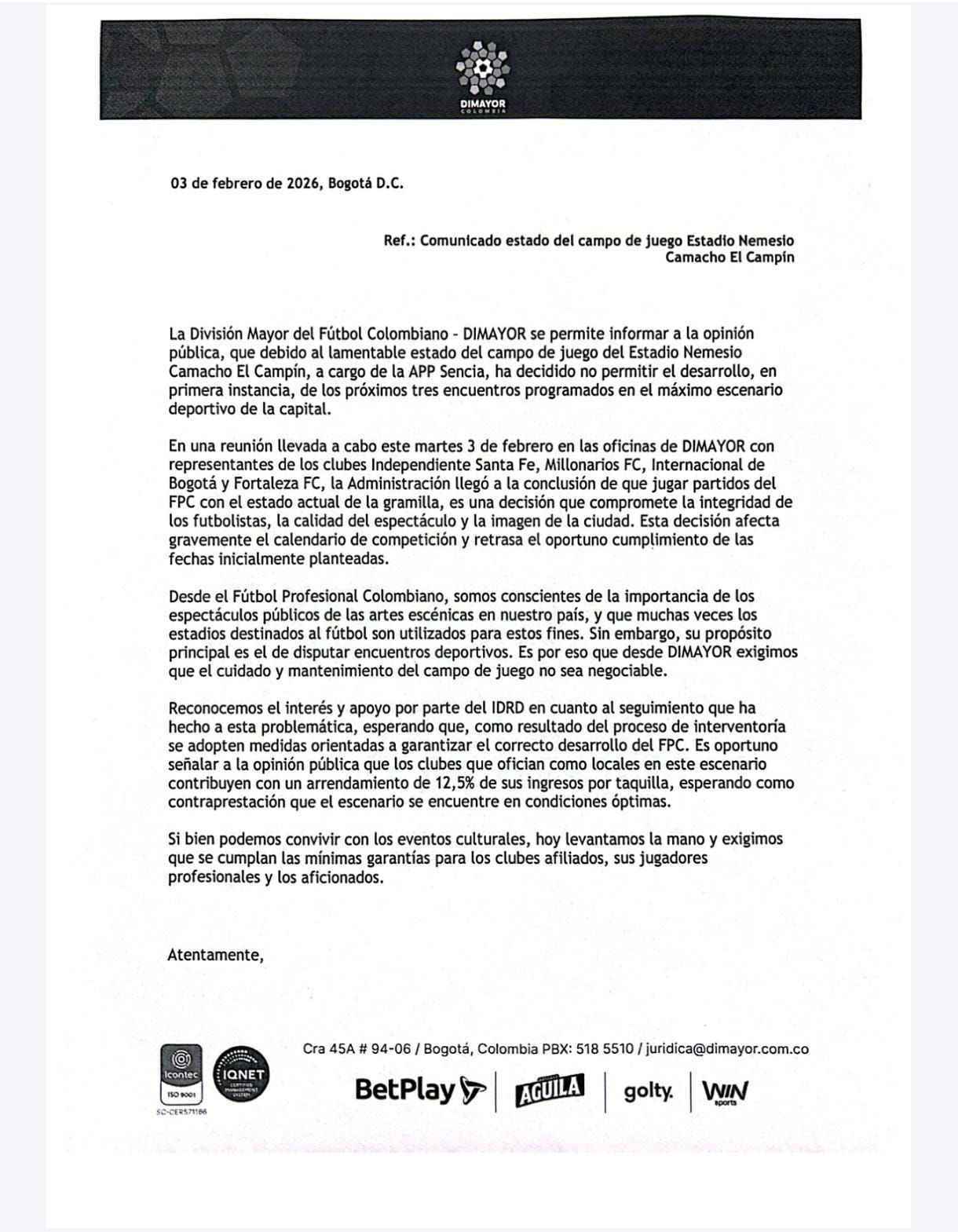 Comunicado de la Dimayor