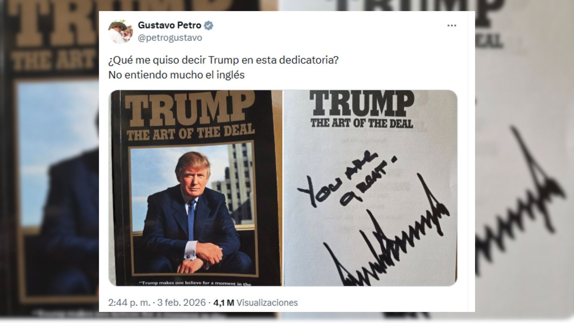 El mandatario publicó en redes la firma del libro de Trump.