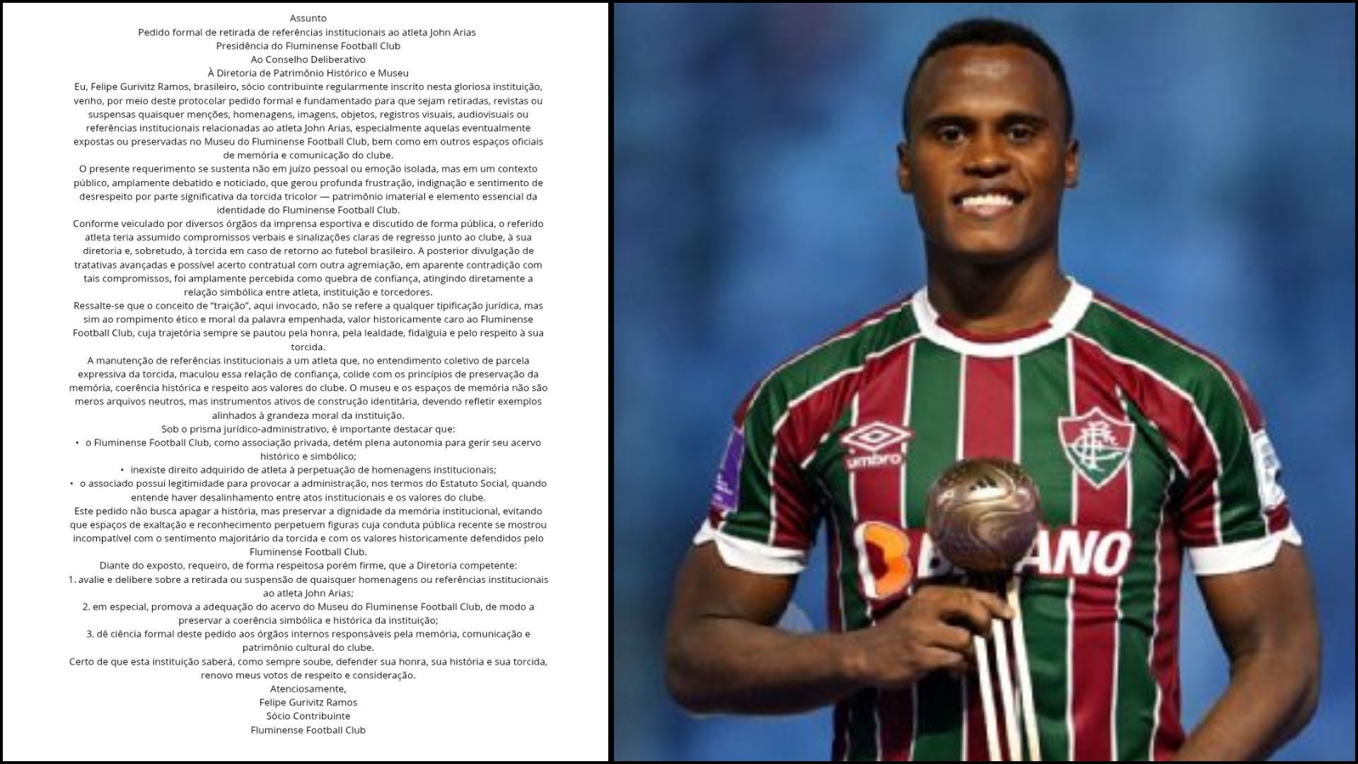 Solicitud de un socio-contribuyente e hincha del Fluminense, Felipe Gurivitz, de remover el nombre de Jhon Arias de los tributos del estadio.