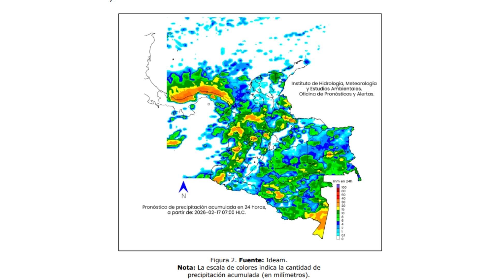 Mapa del Ideam con lluvias fuertes en Antioquia, Santander, Boyacá, Cundinamarca y región Pacífica.
