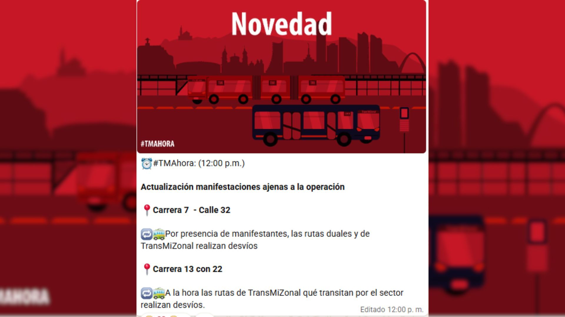 La empresa de transporte comunicó las nuevas intervenciones por manifestaciones.