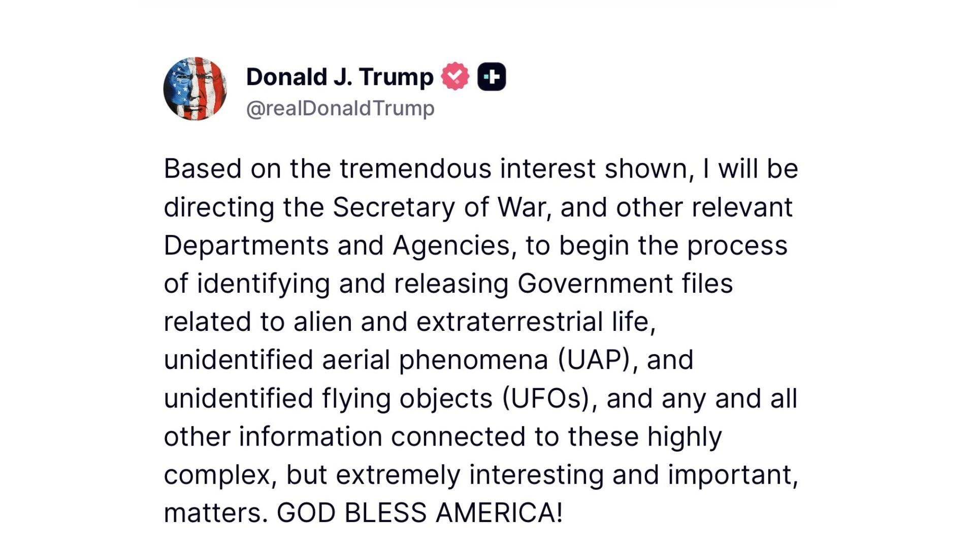 Trump pide identificar y divulgar archivos del Gobierno relacionados con vida alienígena y extraterrestre