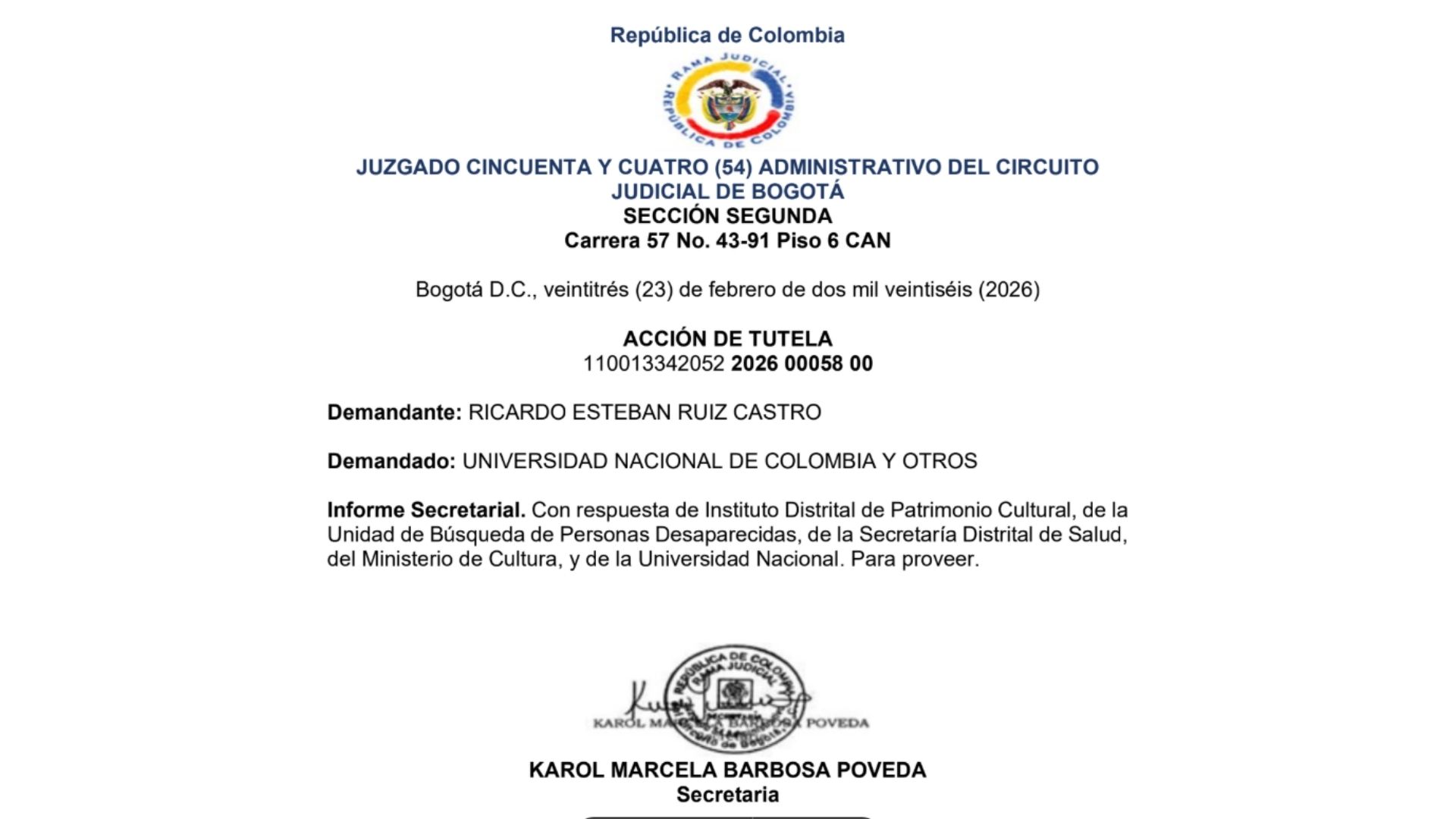 Un juzgado de Bogotá está cerca de decidir sobre una tutela presentada para evitar la sepultura de los restos del cura Camilo Torres en la Universidad Nacional, donde fue capellán y fundador de la facultad de Sociología.