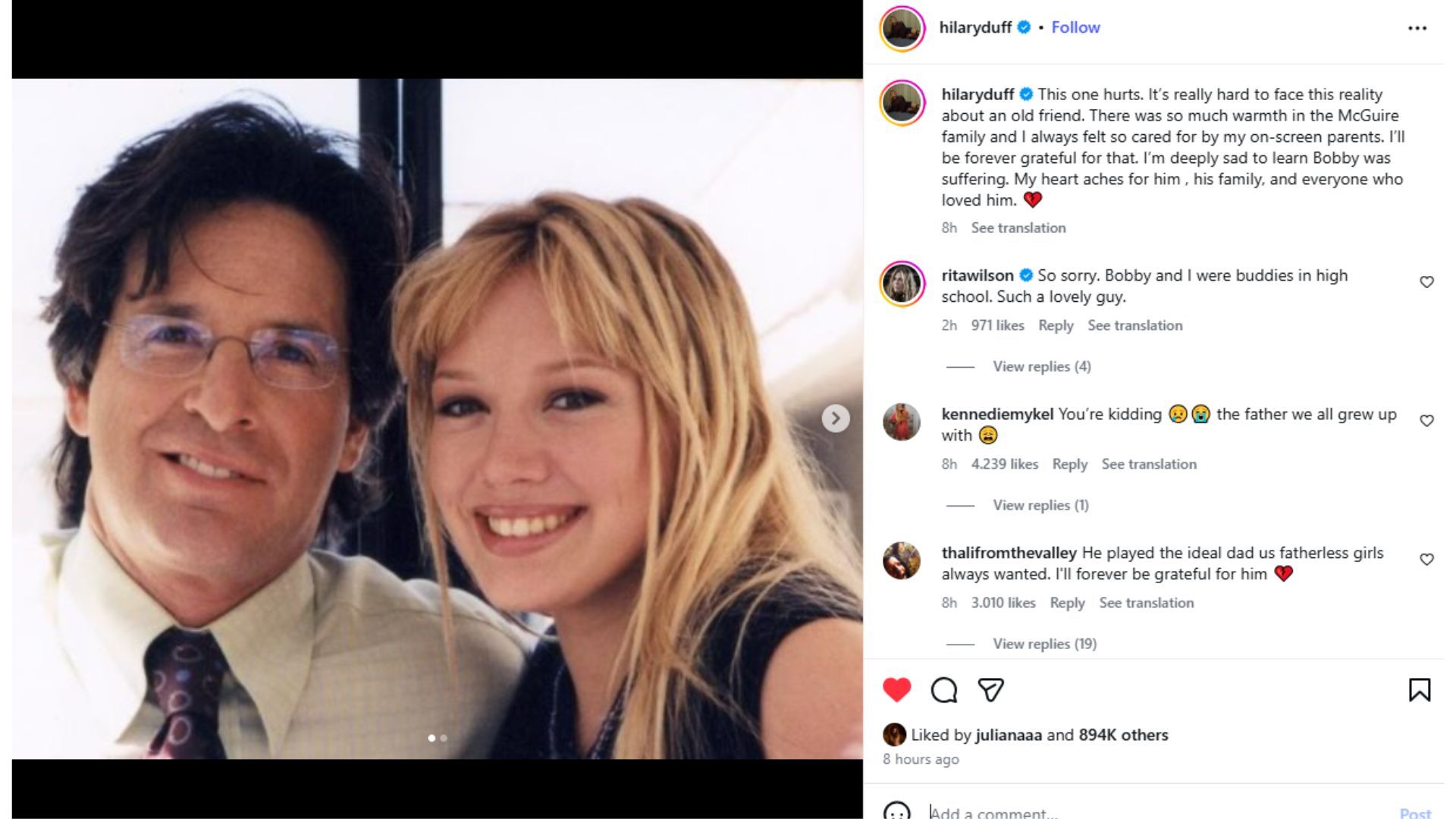 La actriz Hilary Duff se pronunció tras conocerse la muerte de Robert Carradine y dejó ver el profundo dolor que le causó la noticia. 