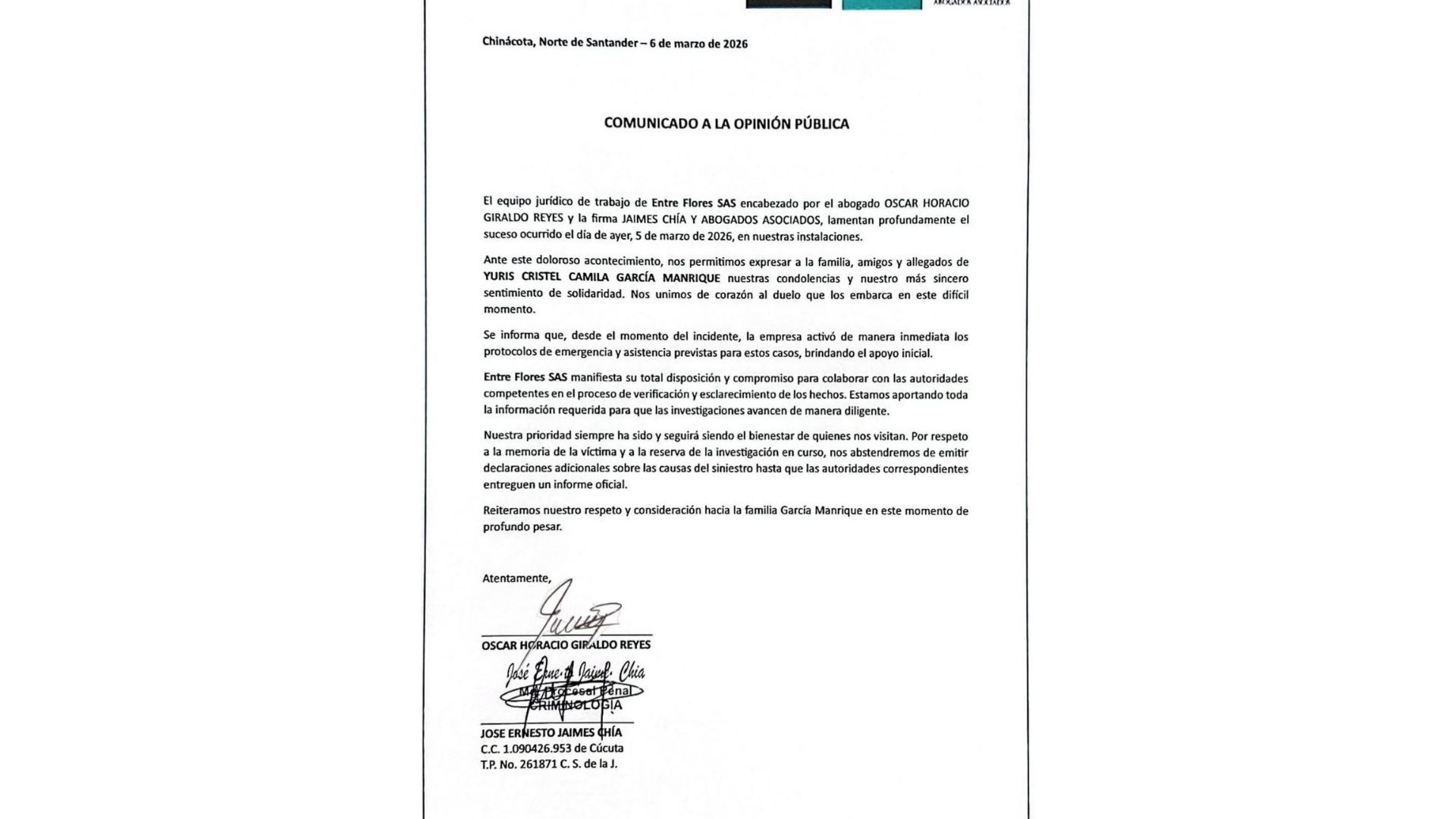 En un comunicado, el complejo Entre Flores dijo que activó protocolos de emergencia tras el accidente.