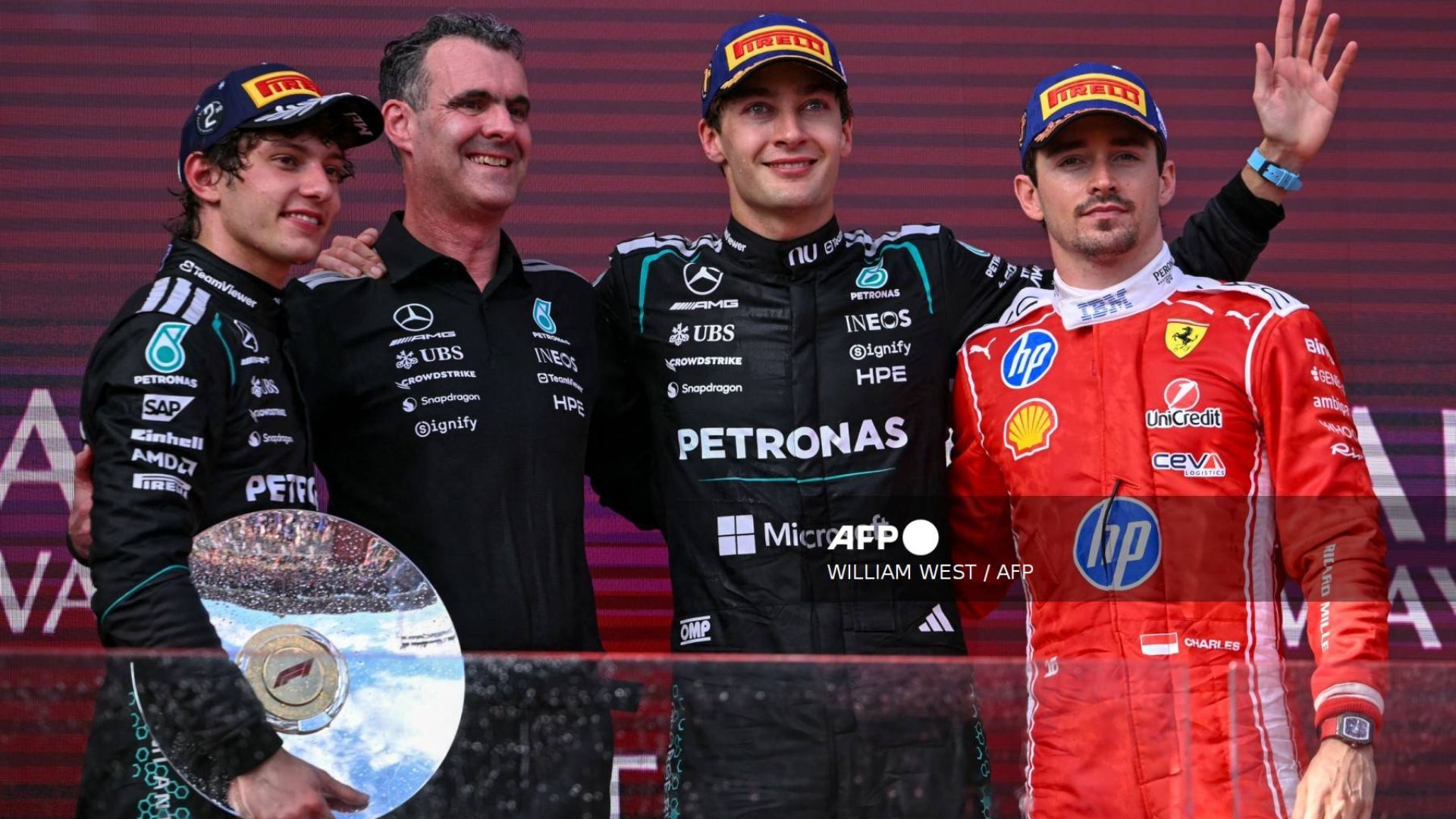 George Russell (Mercedes), Andrea Kimi Antonelli (Mercedes), Charles Leclerc (Ferrari)