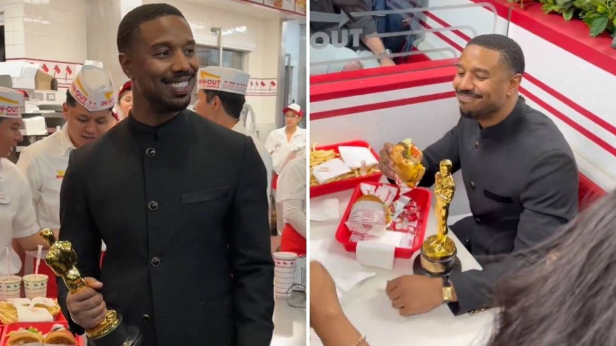 Michael B. Jordan fue visto con su estatuilla del Óscar mientras compartía con fanáticos en un restaurante de hamburguesas cercano al Dolby Theatre.