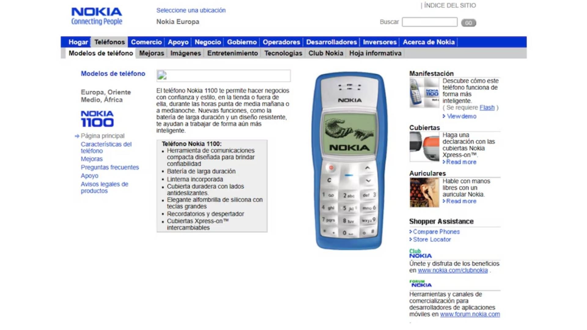 Así se veía la página web de Nokia cuando vendía el modelo 1100.