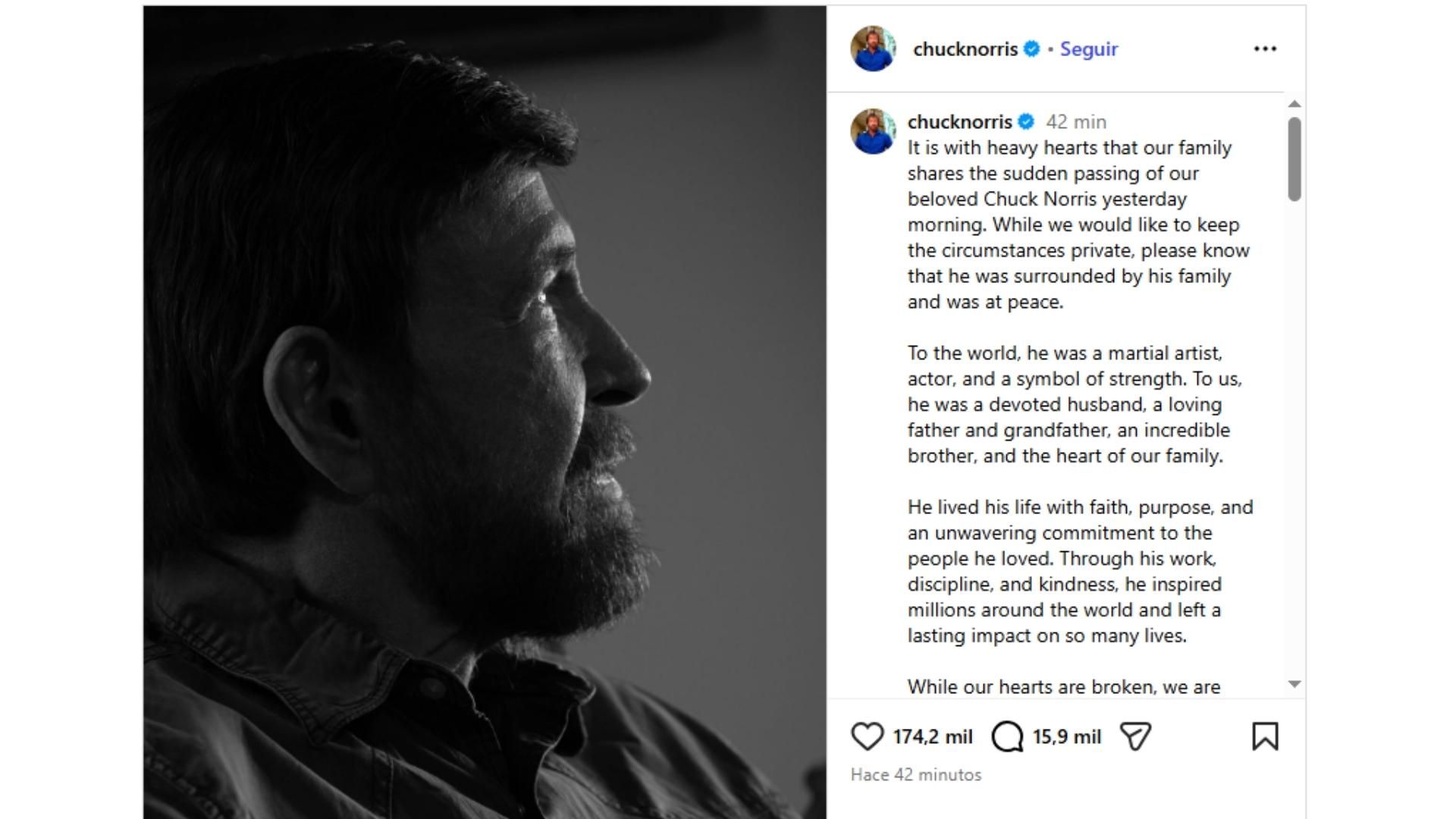 La familia de Chuck Norris informó que el actor murió en paz, tras una reciente emergencia médica en Hawái.