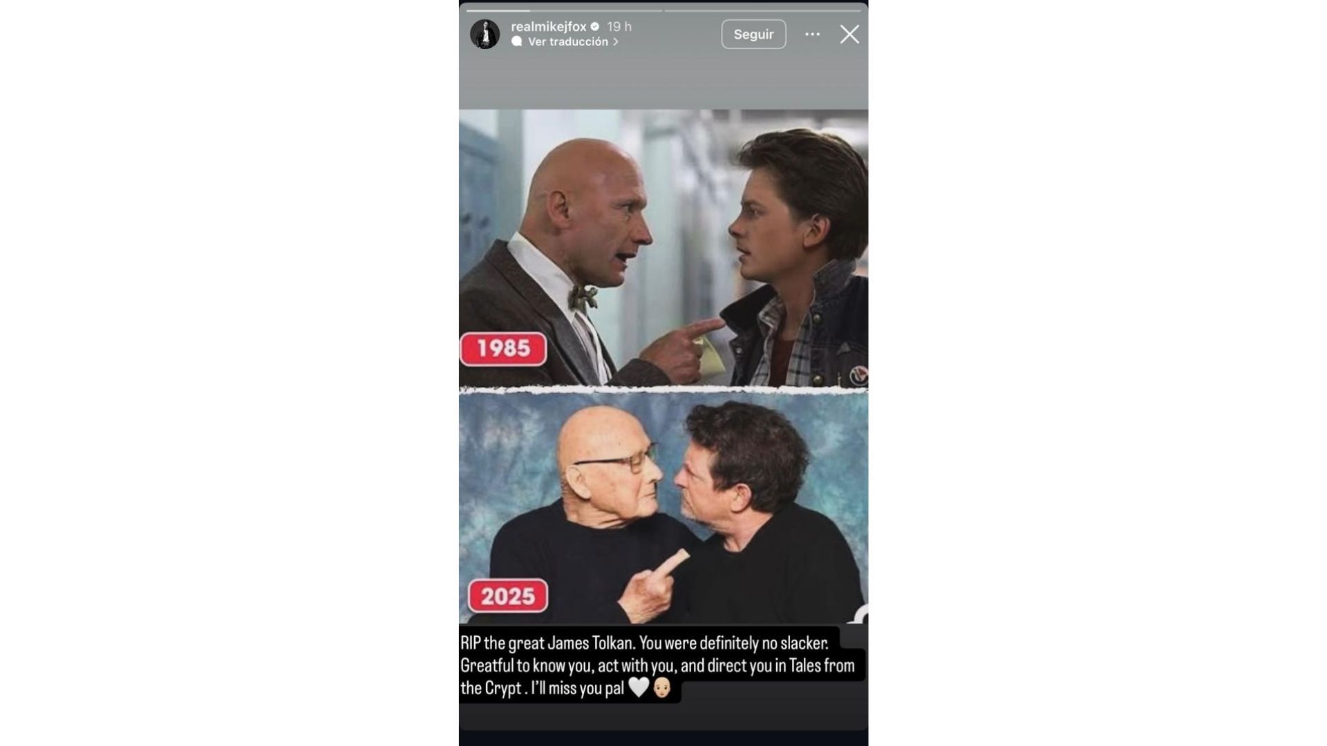 Michael J. Fox recordó a James Tolkan con una publicación que incluye una escena de 1985 y una recreación reciente.