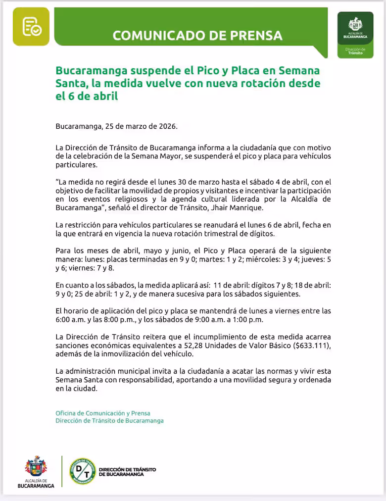 Bucaramanga y zonas cercanas rotarán su sistema de pico y placa.