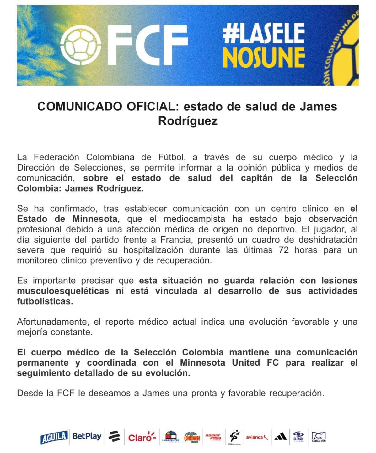 La federación indicó que el volante se encuentra en recuperación.