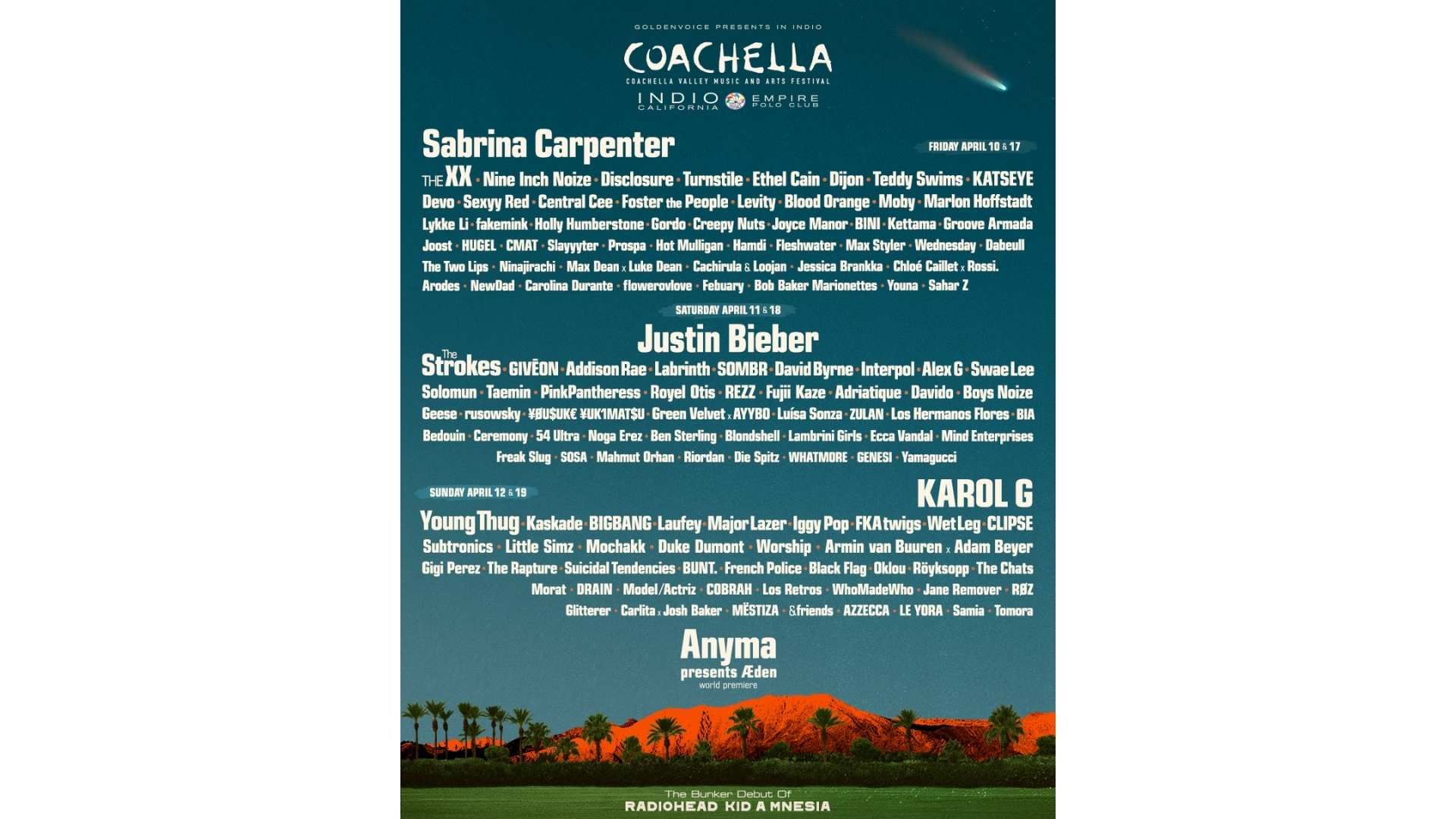 El Festival Coachella 2026 se celebrará los fines de semana del 10 al 12 y del 17 al 19 de abril en el Empire Polo Club de Indio, California, con Karol G, Justin Bieber y Sabrina Carpenter como headliners y un cartel que incluye más de 20 artistas de pop, electrónica, rock y hip-hop.