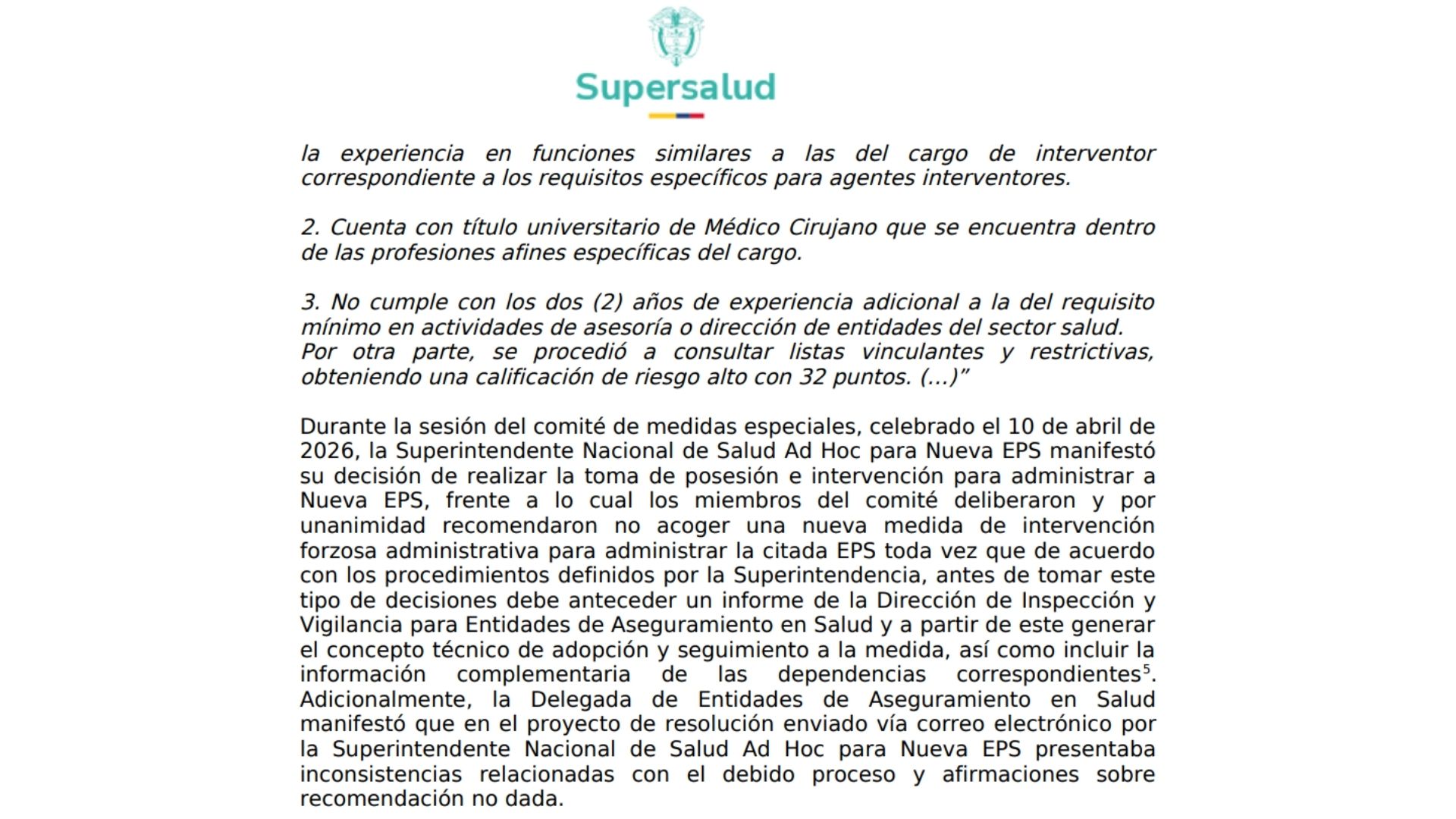 La SuperiSalud le envió a la Procuraduría un informe sobre las irregularidades en la intervención de 2026 a Nueva EPS. La superintendente ad hoc, Luz María Múnera, tomó la decisión sin tener en cuenta el concepto del comité técnico respectivo.