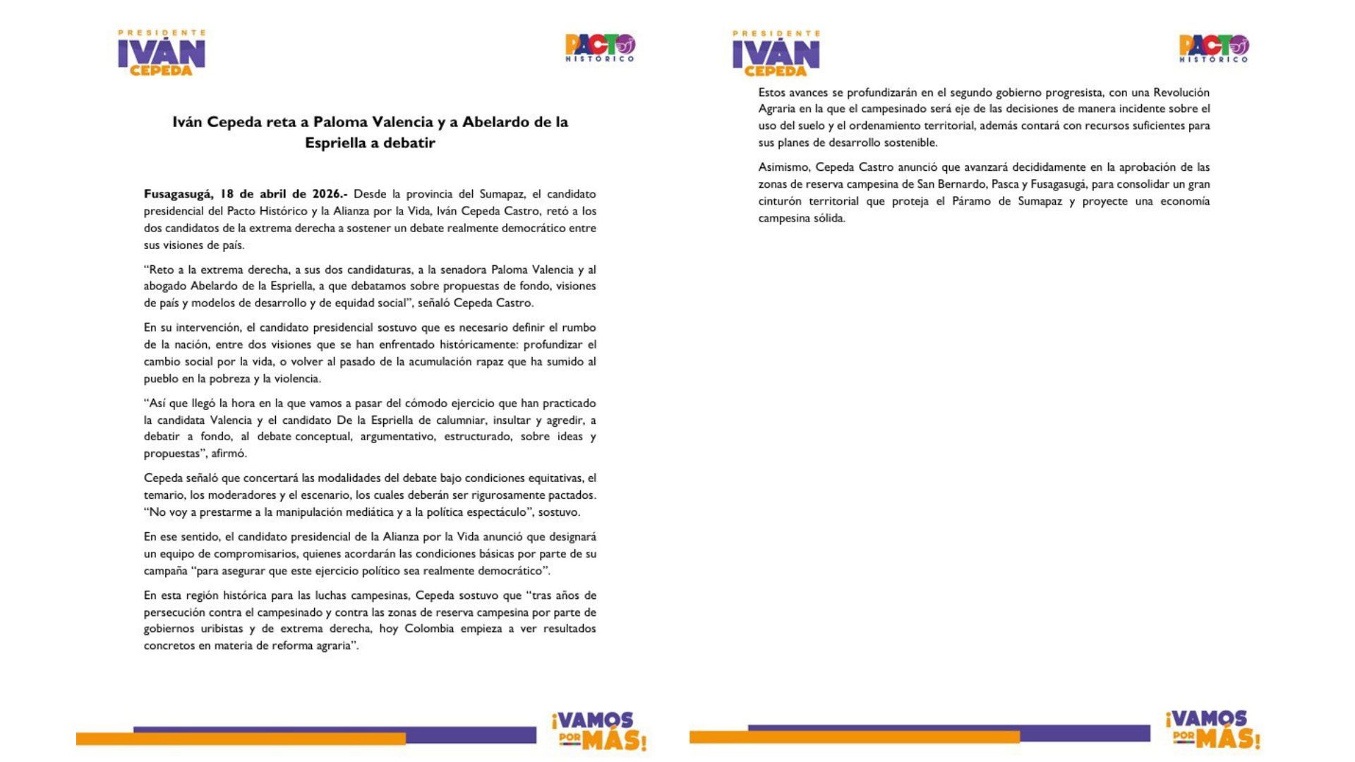 Comunicado de Iván Cepeda sobre debate con Paloma Valencia y Abelardo de la Espreilla