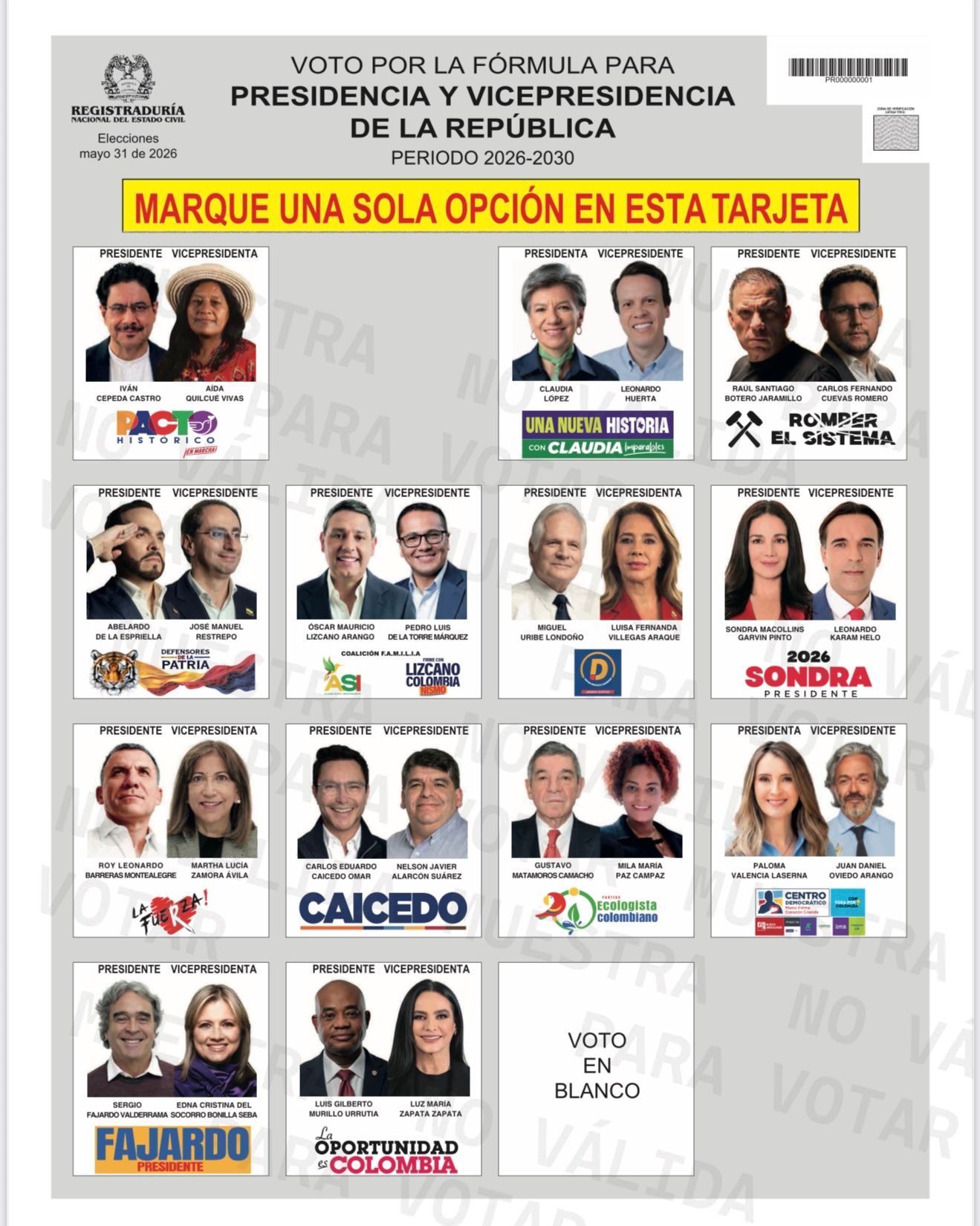 Son 13 fórmulas en competencia tras el retiro de Clara López; el orden fue establecido mediante sorteo.