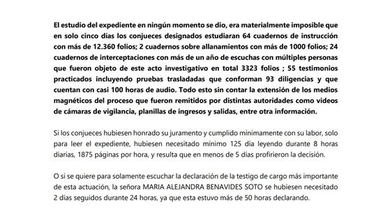 Karen Manrique asegura que los conjueces que ayudaron a destrabar la decisión que la envió a prisión no leyeron bien el expediente, pues debían pasar mínimo 125 días investigando.