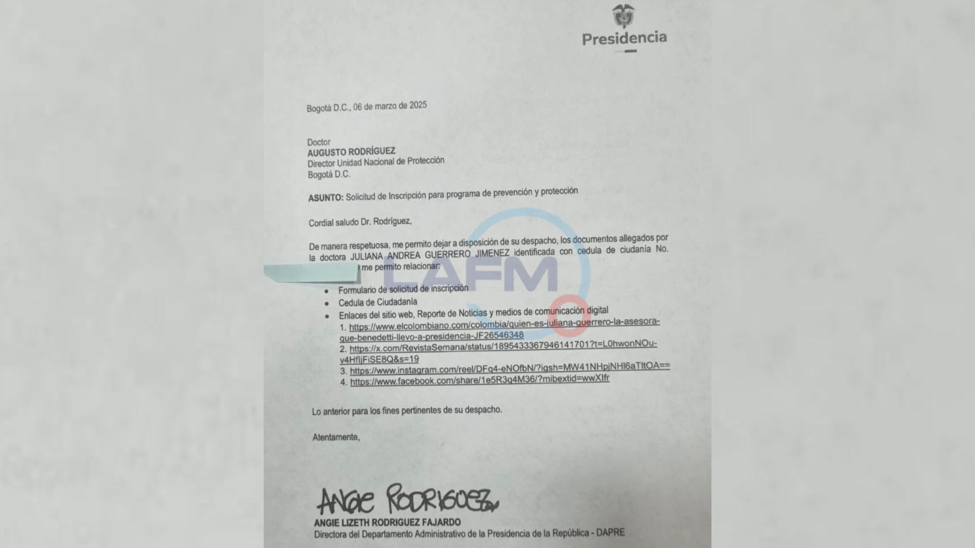 Carta firmada supuestamente por Angie Rodríguez, exdirectora del Dapre, solicitando protección para Juliana Guerrero.