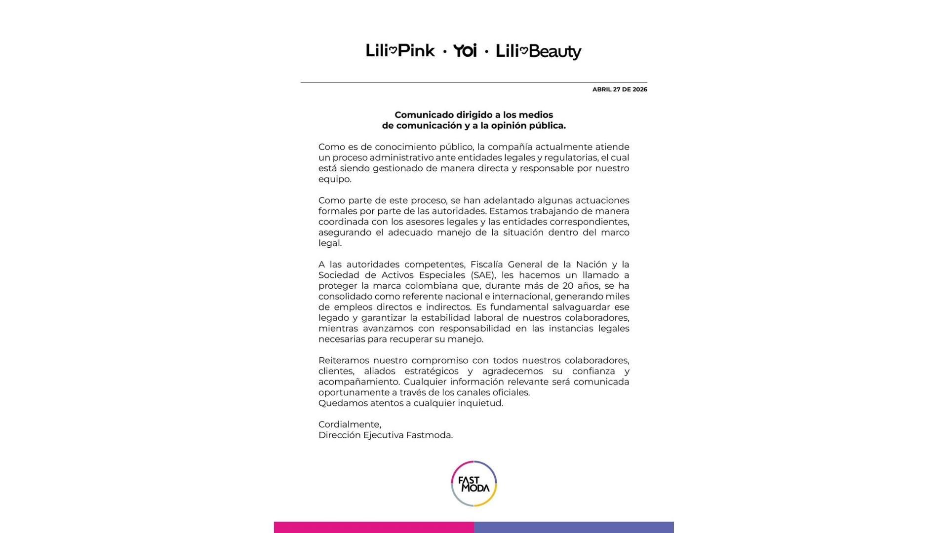 Comunicado de Lili Pink.