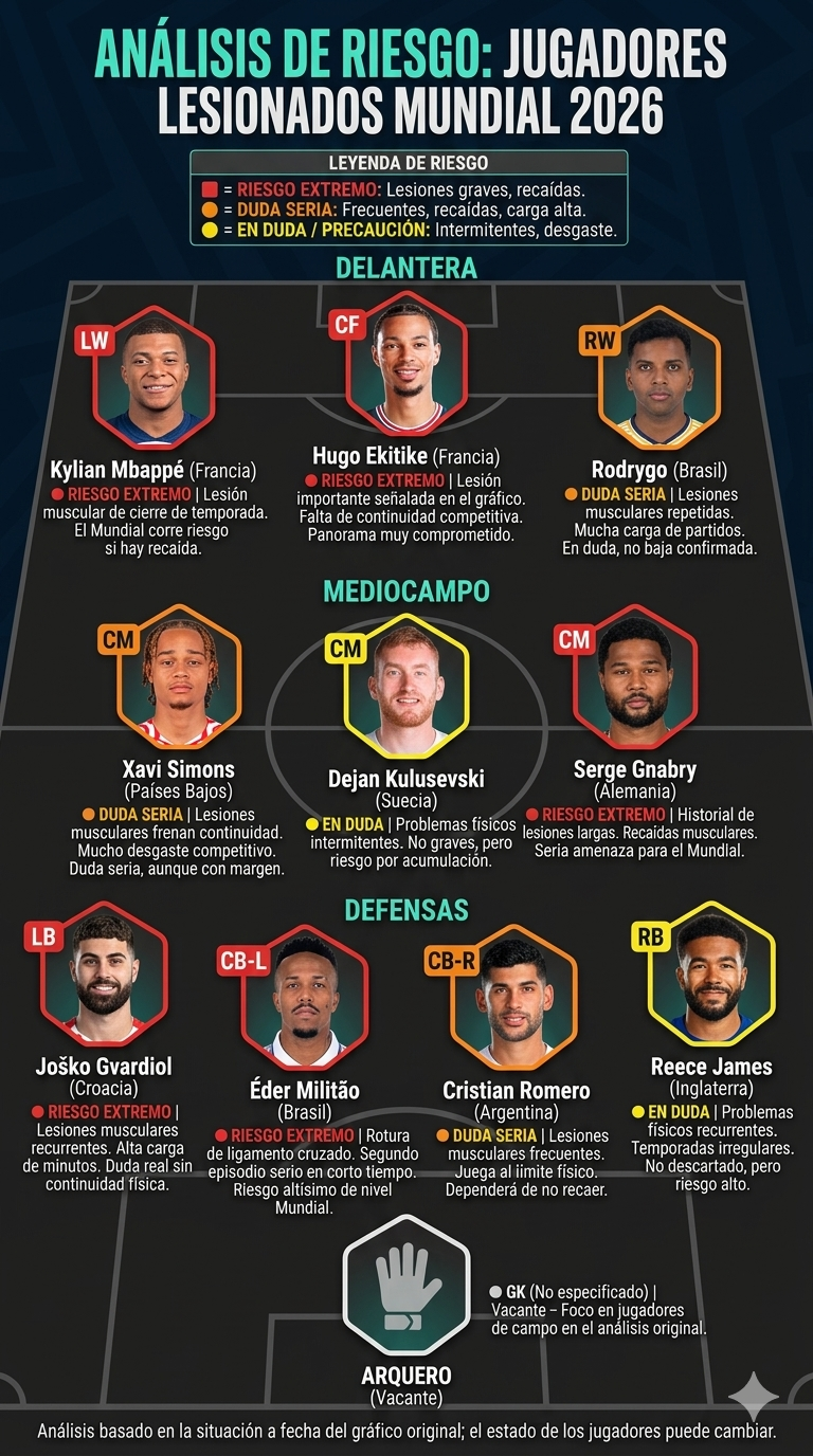 11 de riesgo: jugadores figura que están en riesgo de perderse el Mundial 2026