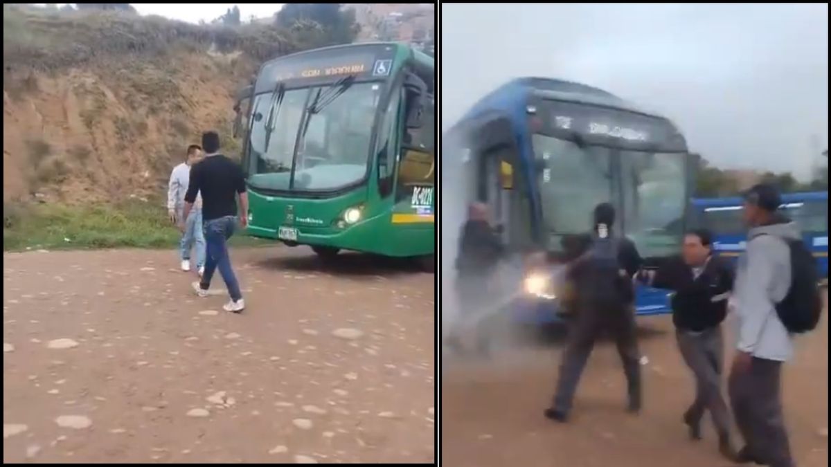 Pelea entre taxistas y conductores de buses alimentadores de TransMilenio en Bogotá.