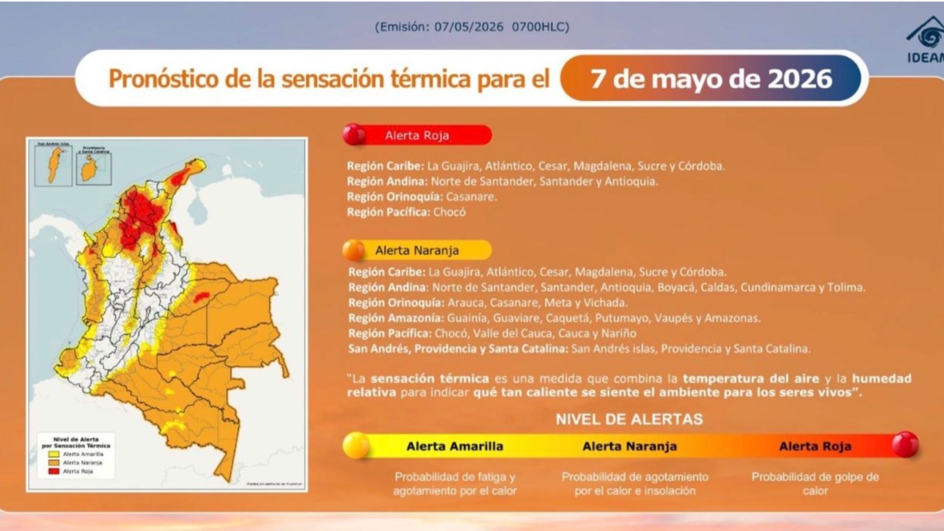 IDEAM: Pronóstico de sensación térmica en Colombia-7 Mayo 2026