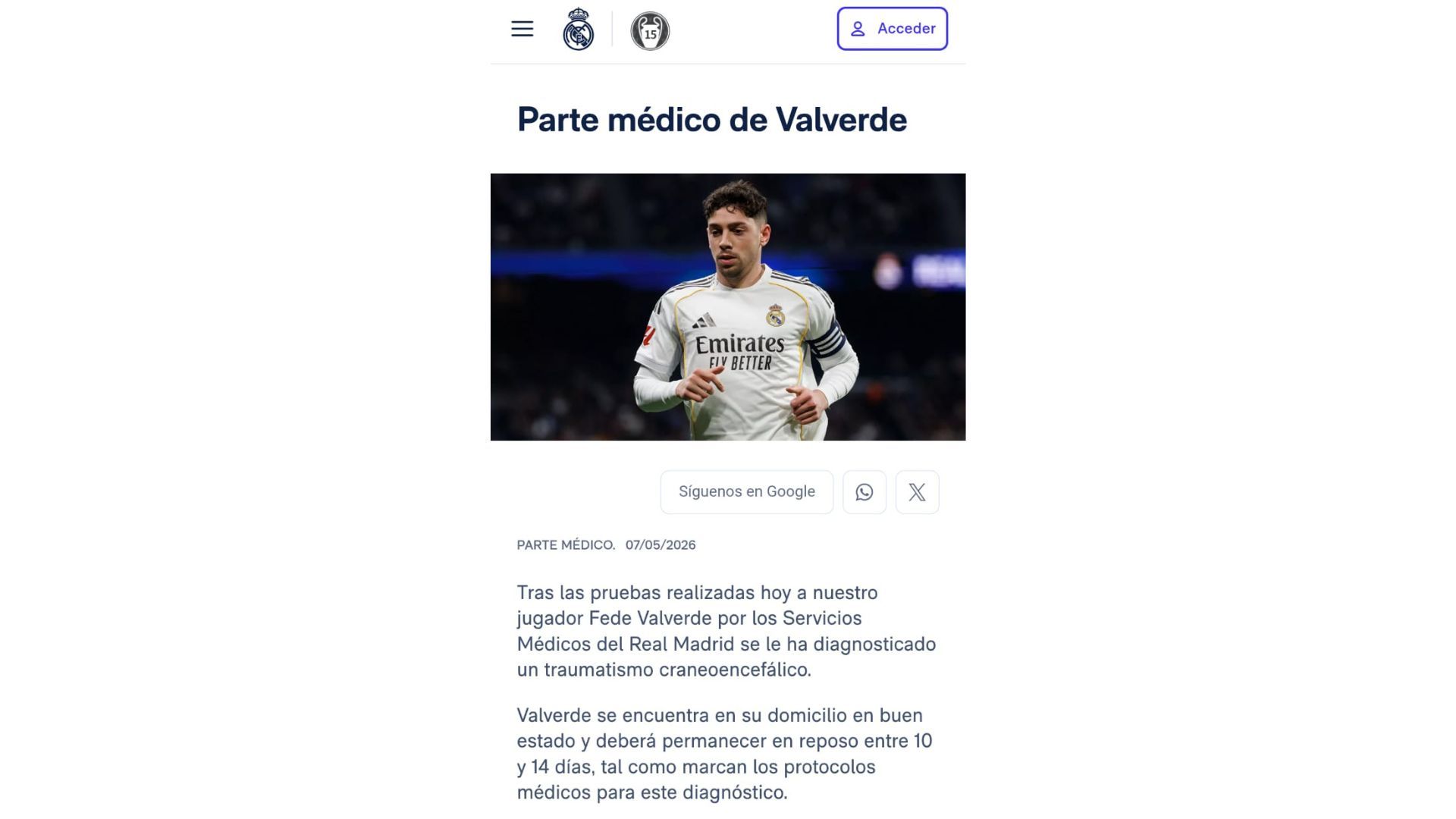 El jugador uruguayo estará dos semanas en recuperación.