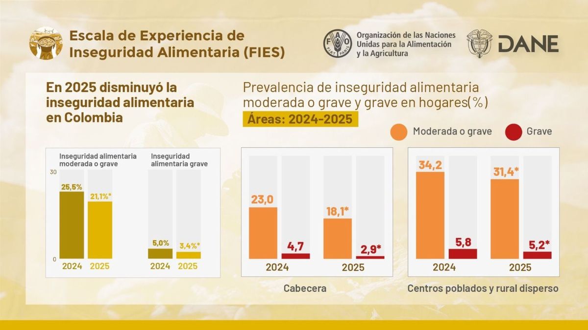 Comparación de niveles de inseguridad alimentaria en Colombia entre zonas urbanas y zonas rurales entre 2024 y 2025