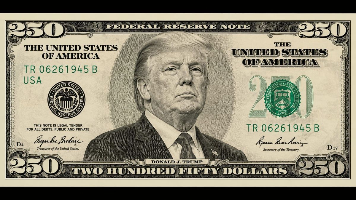 Imagen del billete de 250 dólares con la cara de Donald Trump
