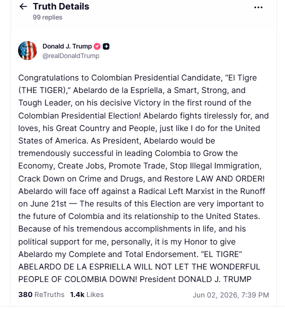 Mensaje de Donald Trump a Abelardo De La Espriella.