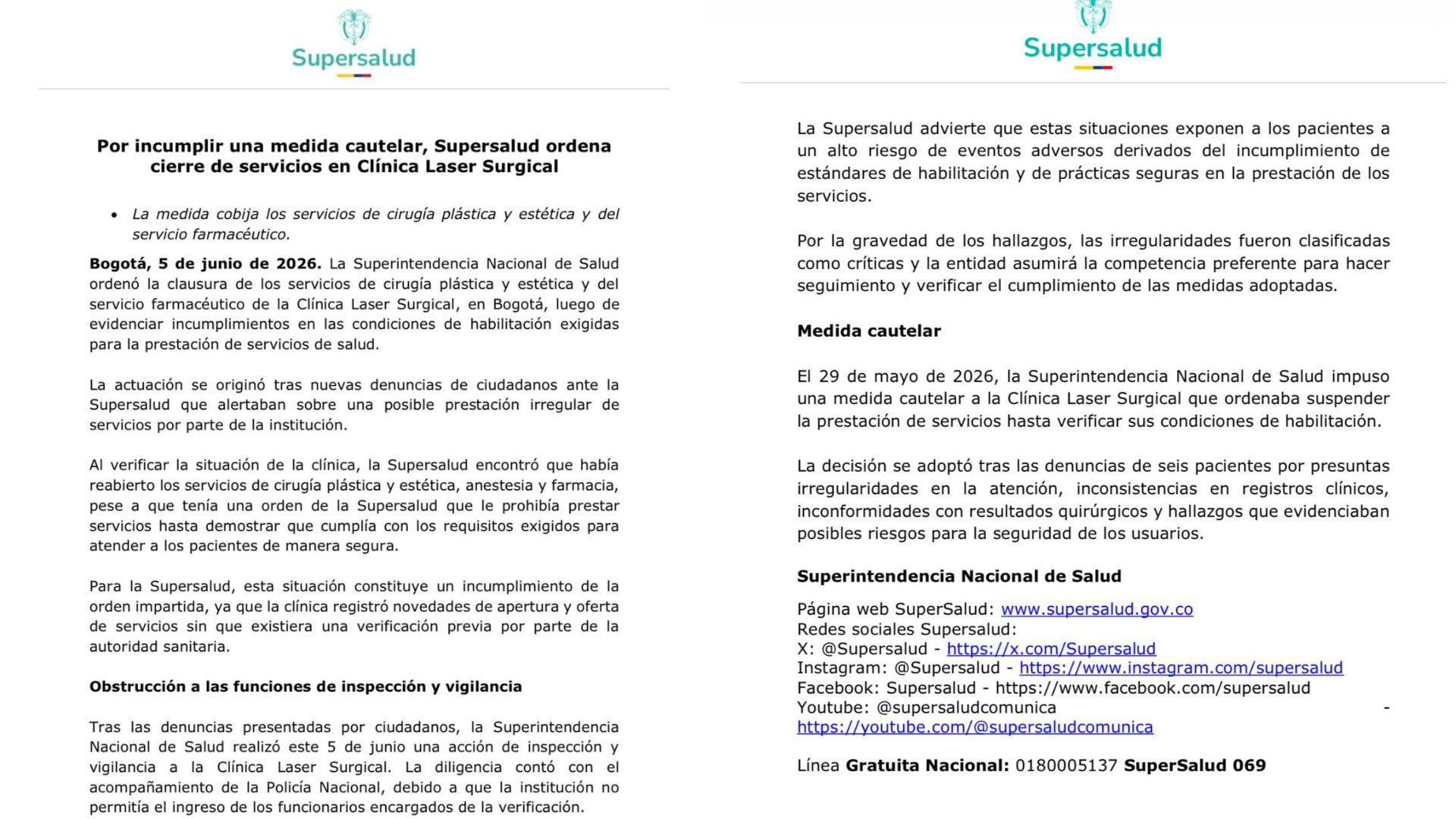 La entidad indicó que la clínica incumplió con llamados de atención previos.