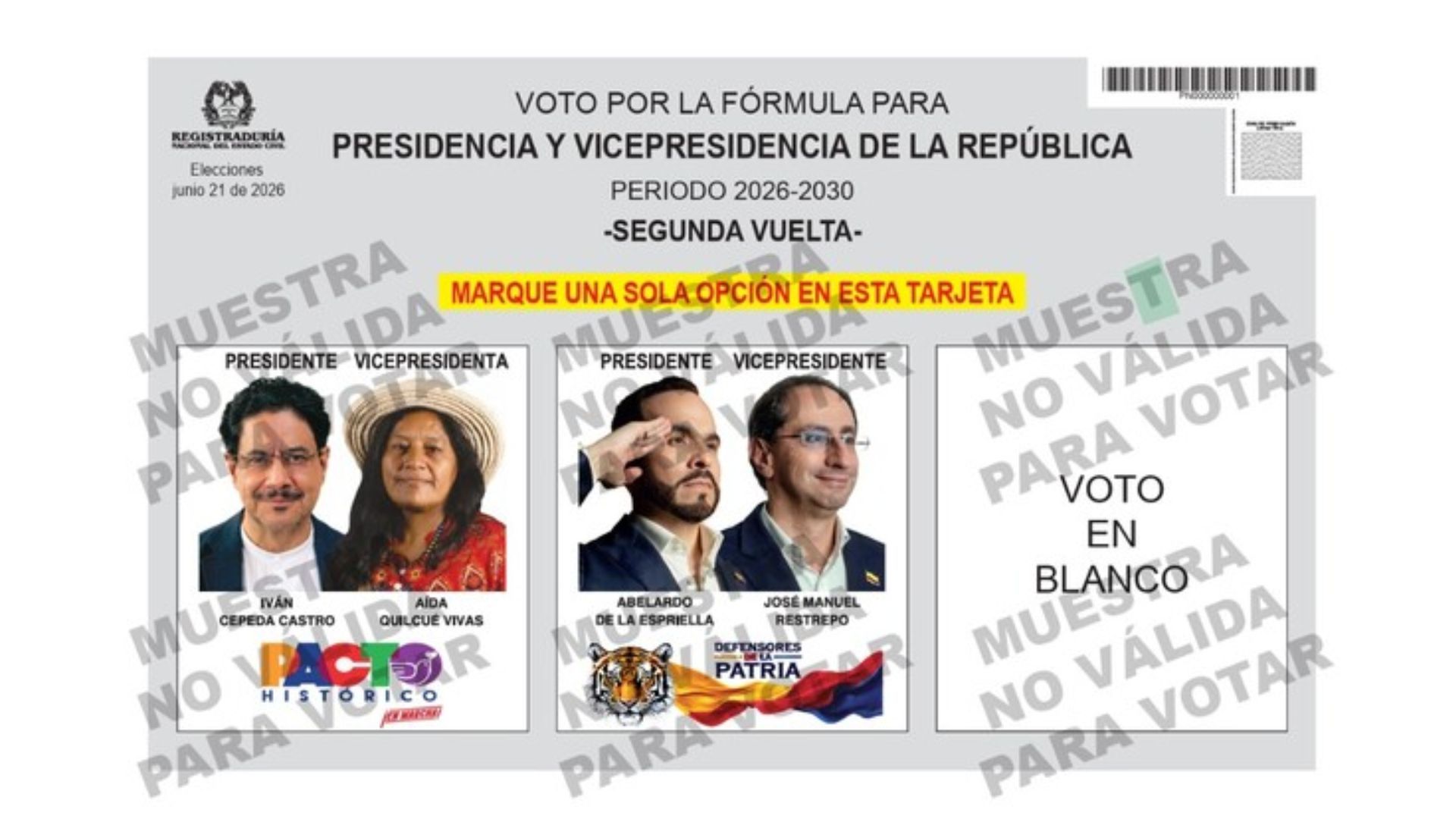 Tarjetón elecciones segunda vuelta presidencial 2026