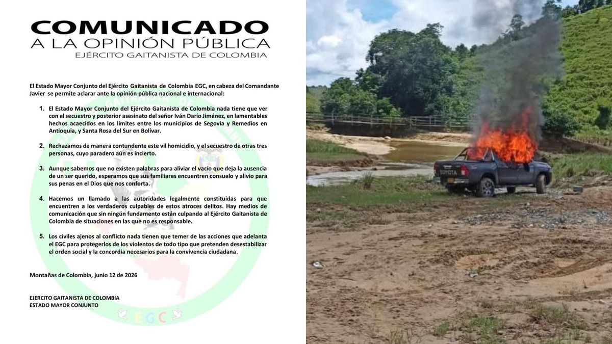 Comunicado Ejército Gaitanista relacionado con el homicidio de Iván Dario Jiménez en Segovia, nordeste de Antioquia