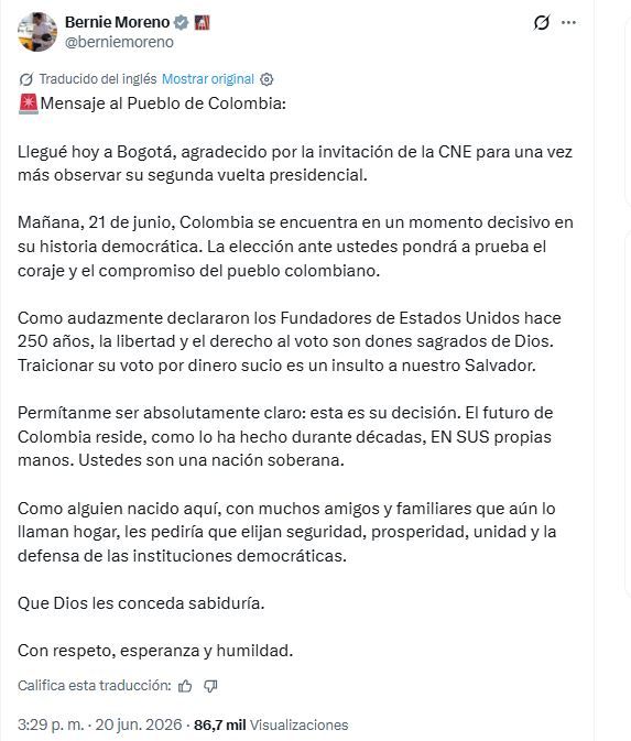 Mensaje de Bernie Moreno por las elecciones presidenciales en Colombia.