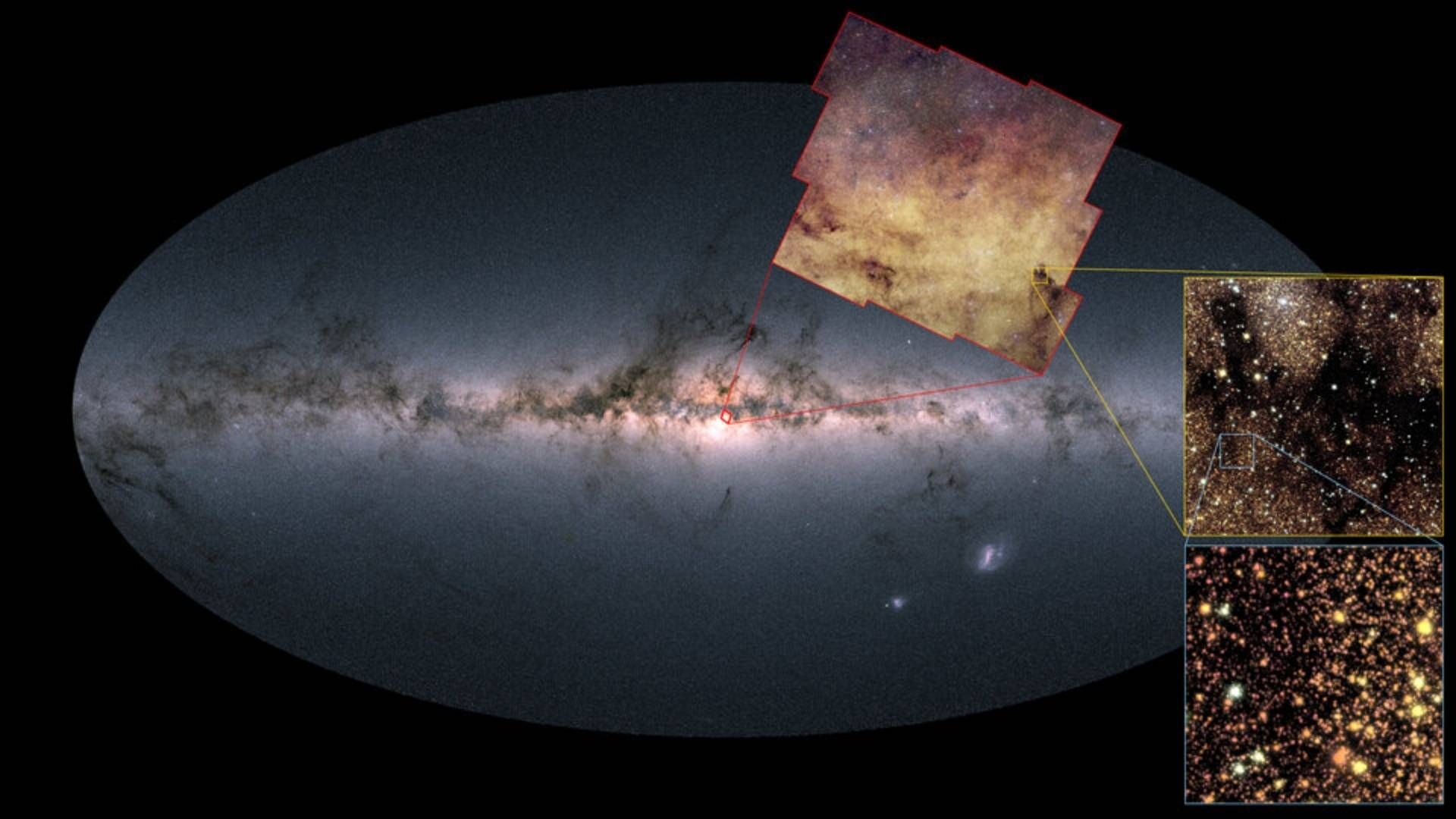 Este mapa muestra la región del bulbo galáctico que fue observada por la misión Euclid, una zona clave para estudiar estrellas y buscar exoplanetas en la Vía Láctea.