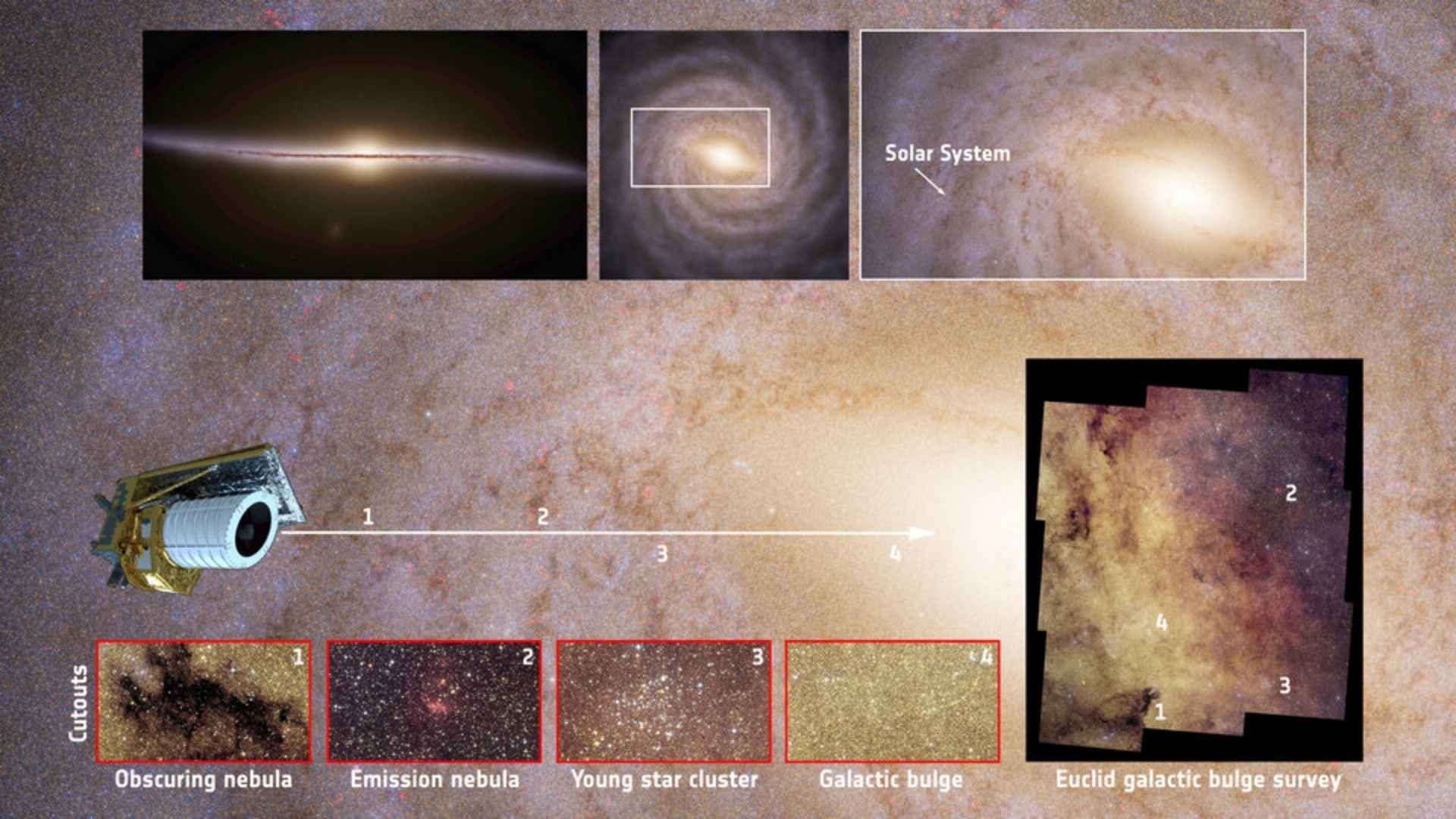 Esta infografía explica cómo la misión Euclid estudia el bulbo galáctico de la Vía Láctea para detectar y analizar exoplanetas mediante microlentes gravitacionales.