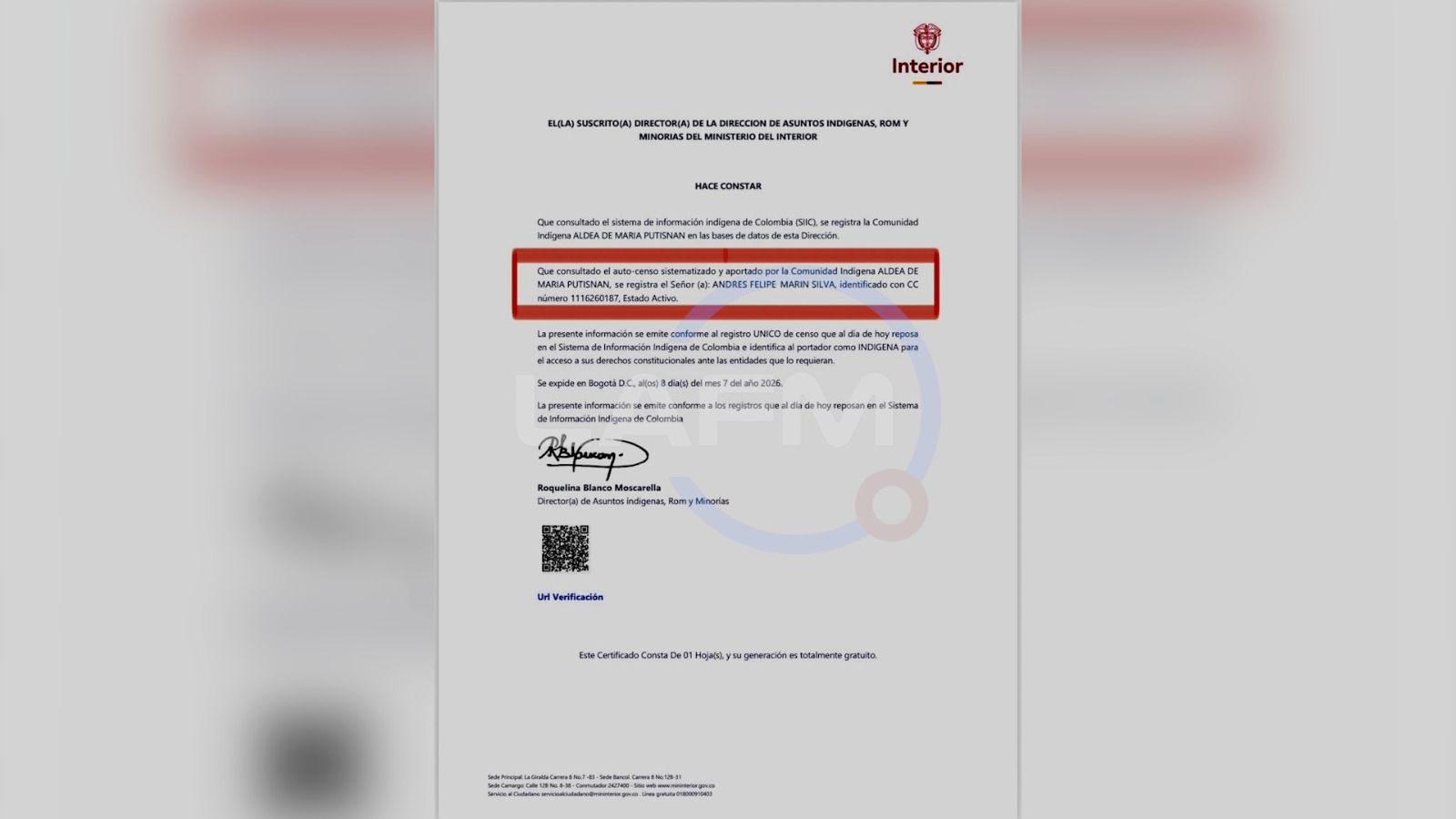 Certificado del Ministerio del Interior