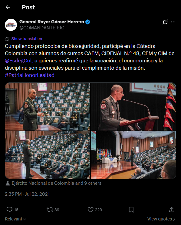 El general en retiro Eduardo Zapateiro sí asistió a la Cátedra Colombia en 2021, aunque ahora lo niega como parte de su estrategia de defensa para librarse de los cargos de acoso sexual que la Fiscalía le imputa.