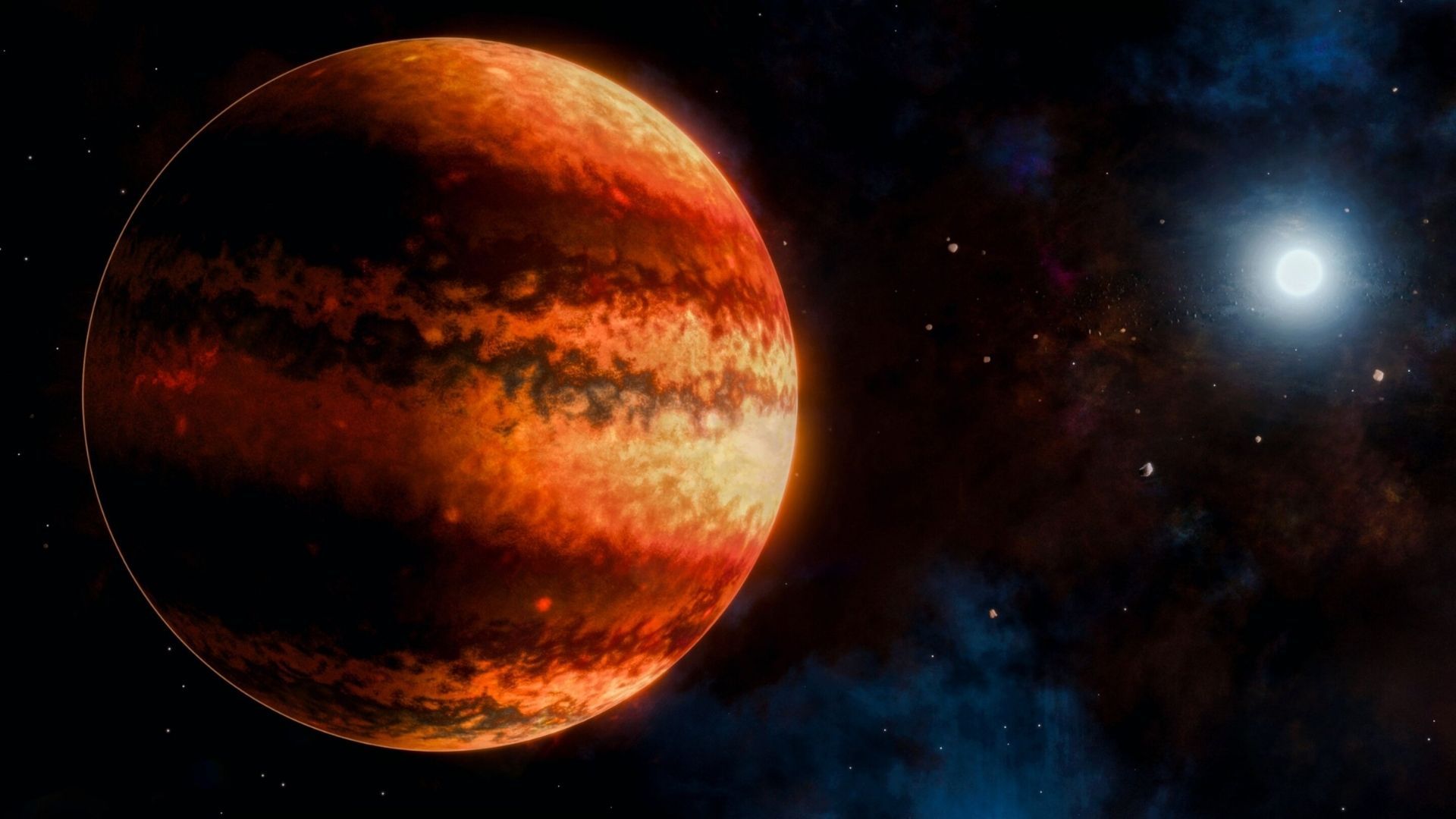 Recreación de NGTS-38 b, el exoplaneta descubierto por un equipo internacional que orbita su estrella cada 180 días.