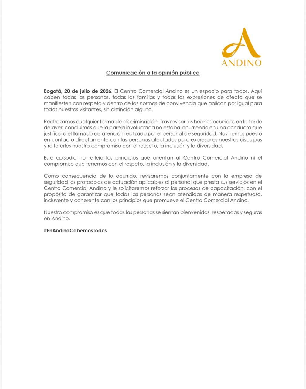 Centro comercial Andino ofrece disculpas por caso de discriminación a pareja del mismo sexo.