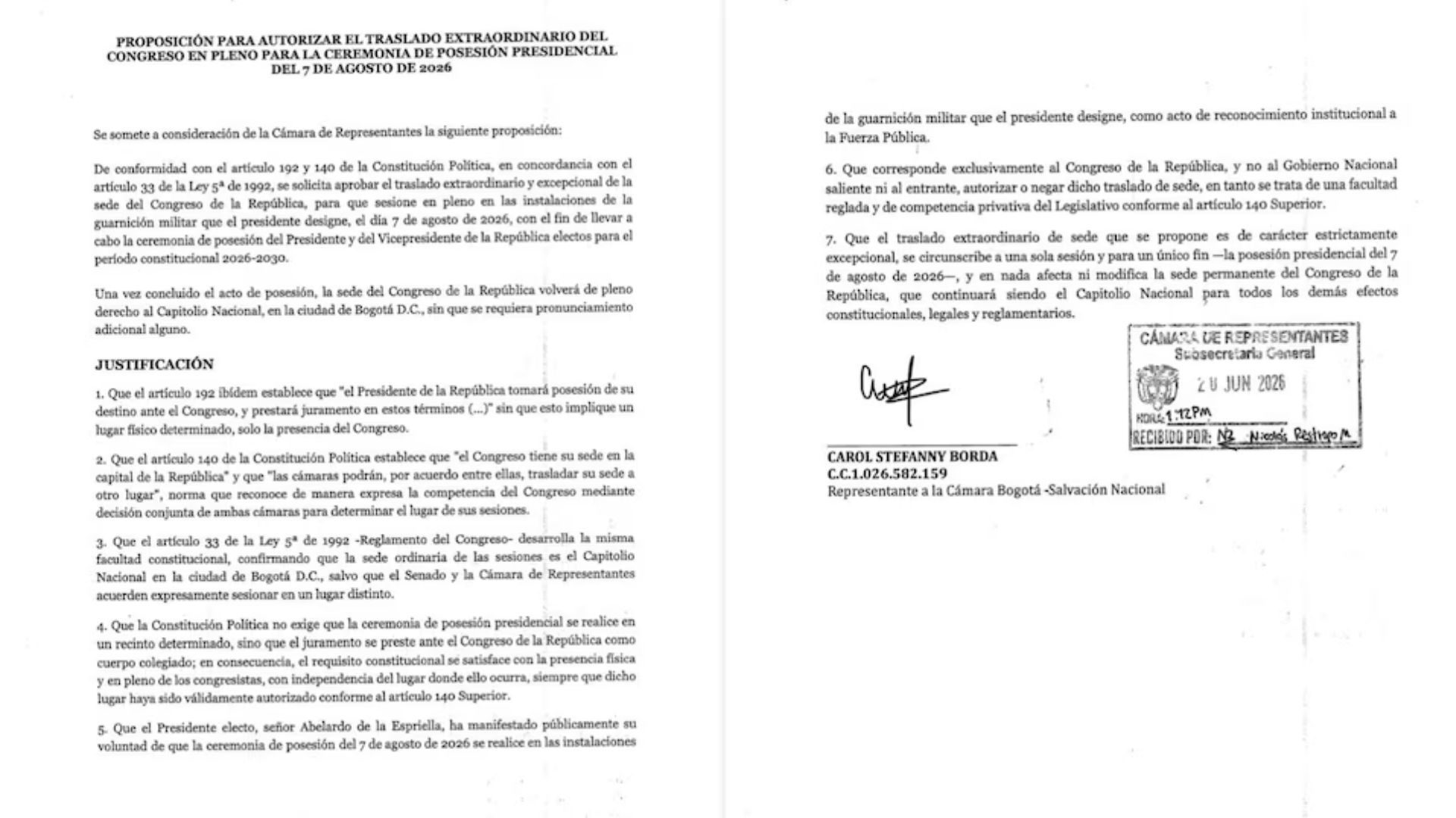 Desde el capitolio se indica que es posible trasladar la posesión presidencial si en el Congreso las Corporaciones están de acuerdo.