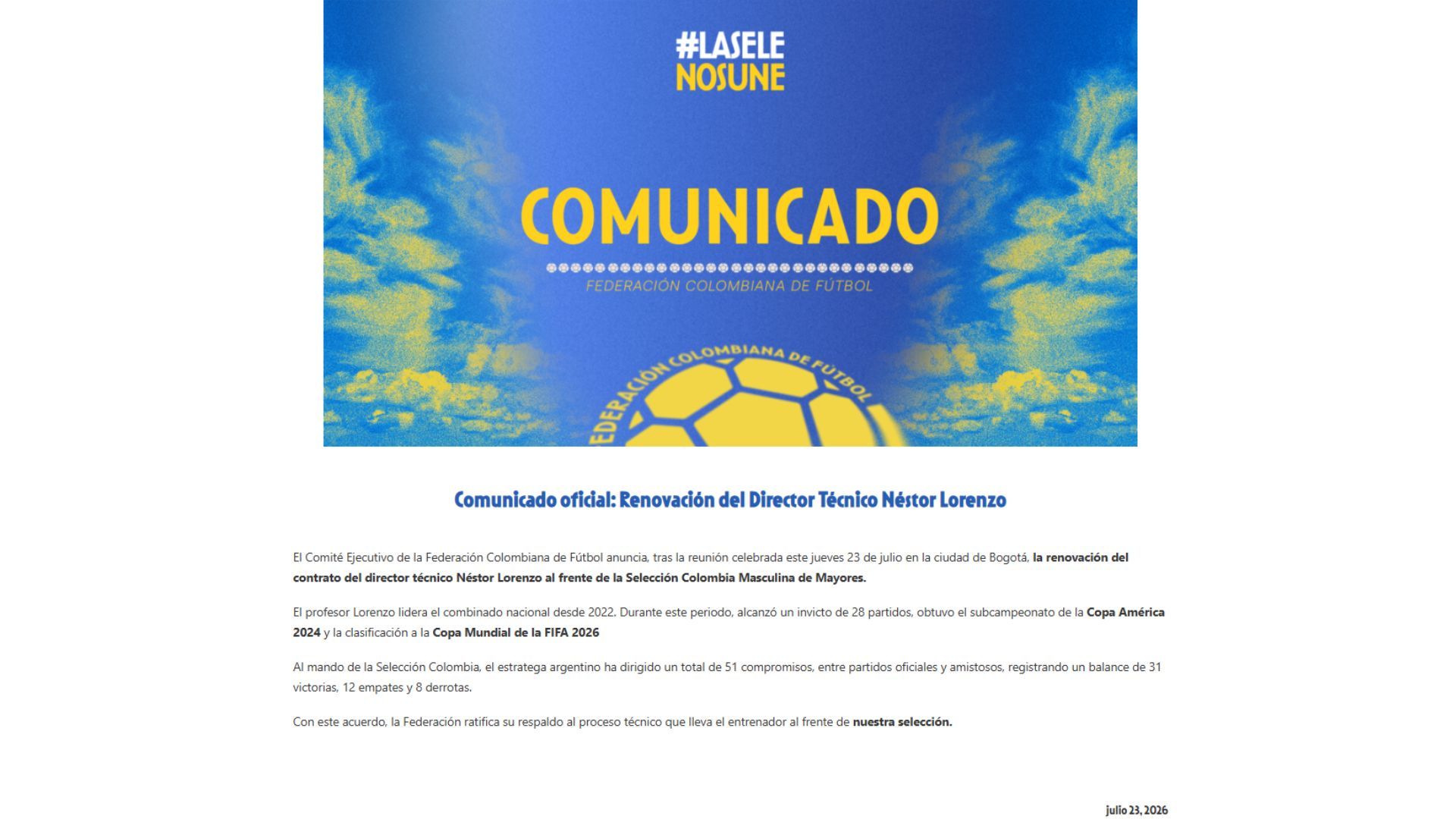 La Federación confirmó a Néstor Lorenzo en el banquillo.