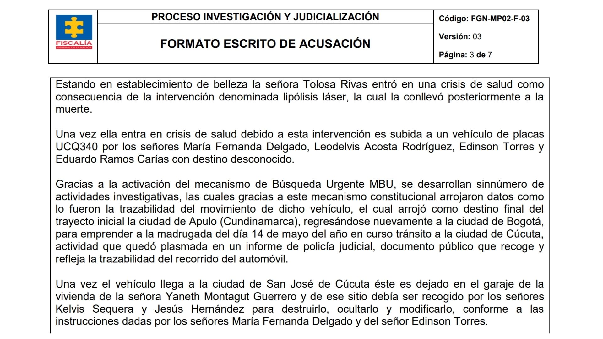 La Fiscalía reconstruyó el recorrido del Chevrolet Sonic con el que los implicados en el crimen de Yulixa Tolosa intentaron desaparecer su cuerpo. Su tesis es que existió todo un plan de encubrimiento para evitar los procesos judiciales.