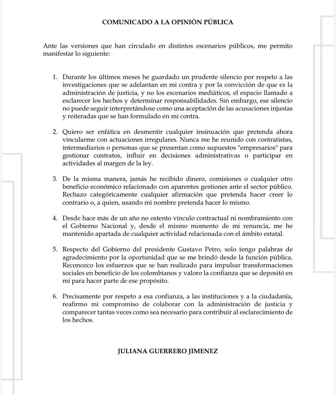 Comunicado Juliana Guerrero