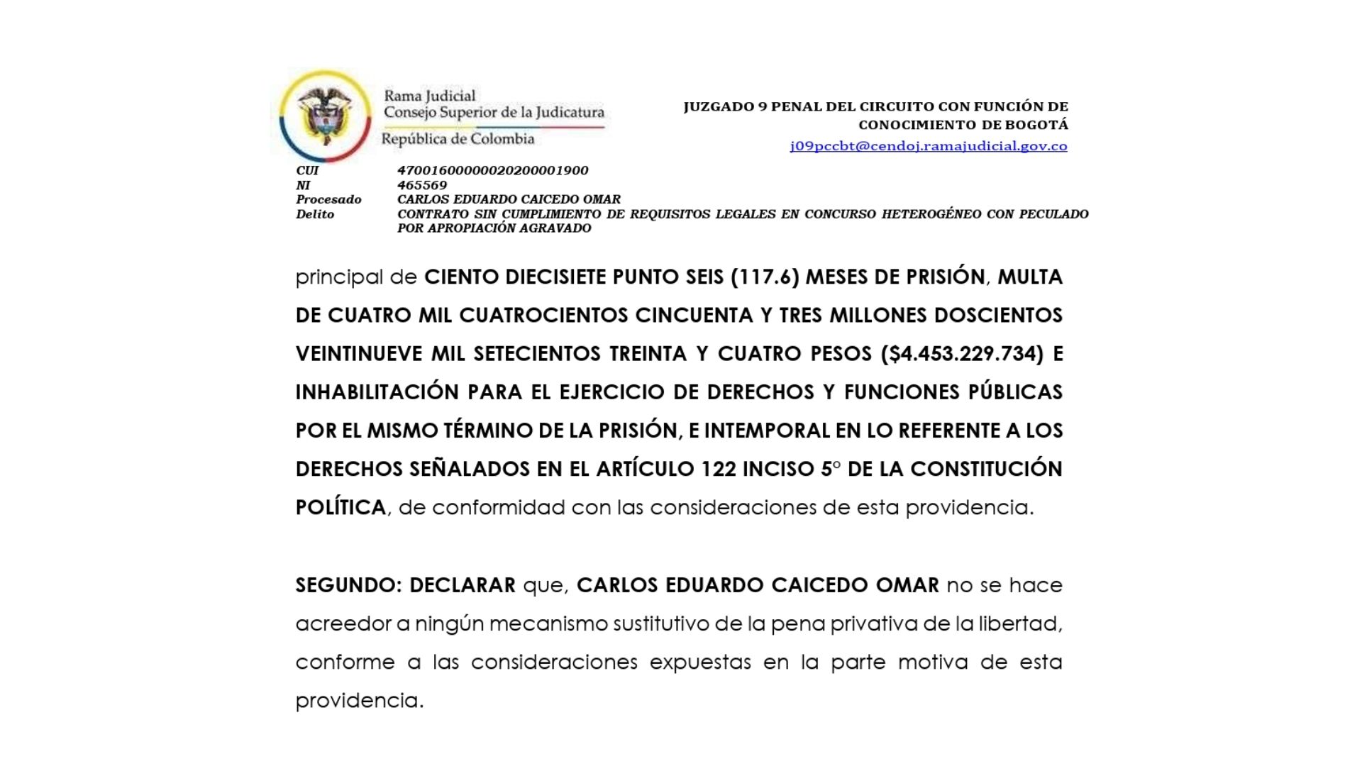 La Juez Novena del Circuito de Bogotá condenó a más de nueve años de prisión al exalcalde y exgobernador Carlos Caicedo, y señaló que no se le debe otorgar ningún beneficio ni mecanismo para sustituir la pena.